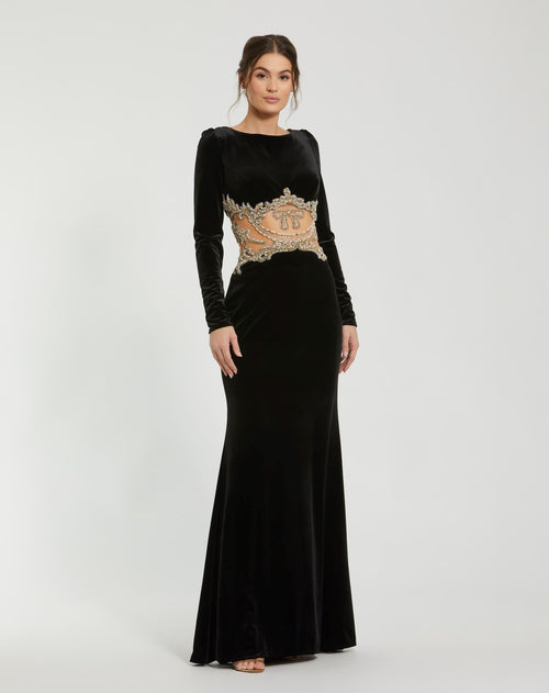 Long Draped Sleeve Sheer Embellished Detail Gown