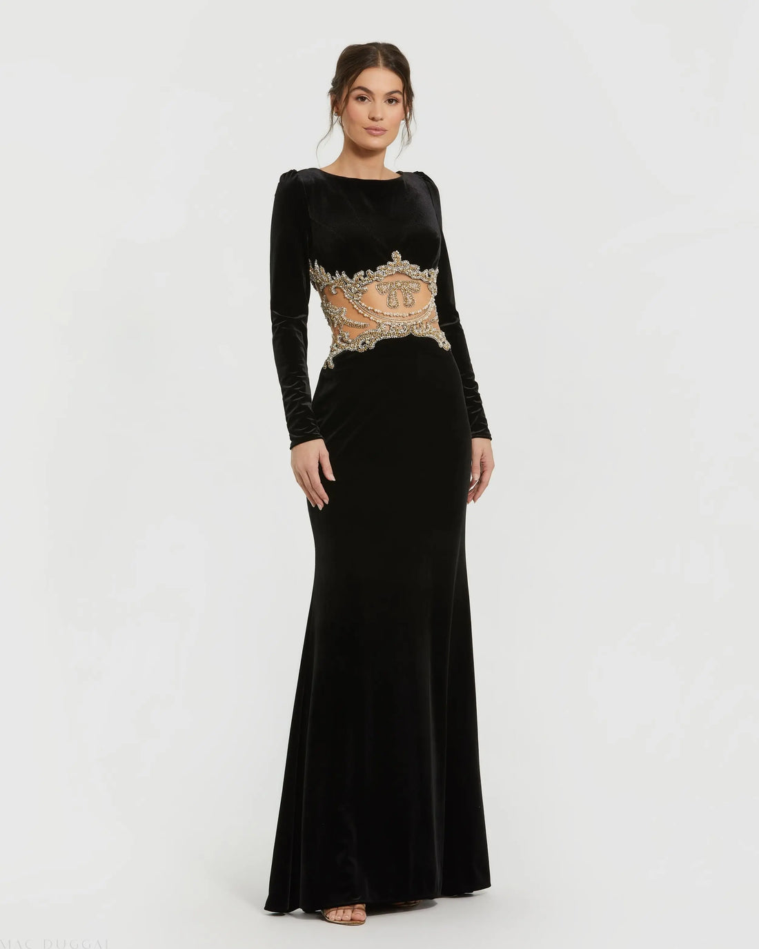 Black Long Sleeve Sheer Embellished Velvet Gown | Mac Duggal Black Long Sleeve Sheer Embellished Velvet Gown | Mac Duggal