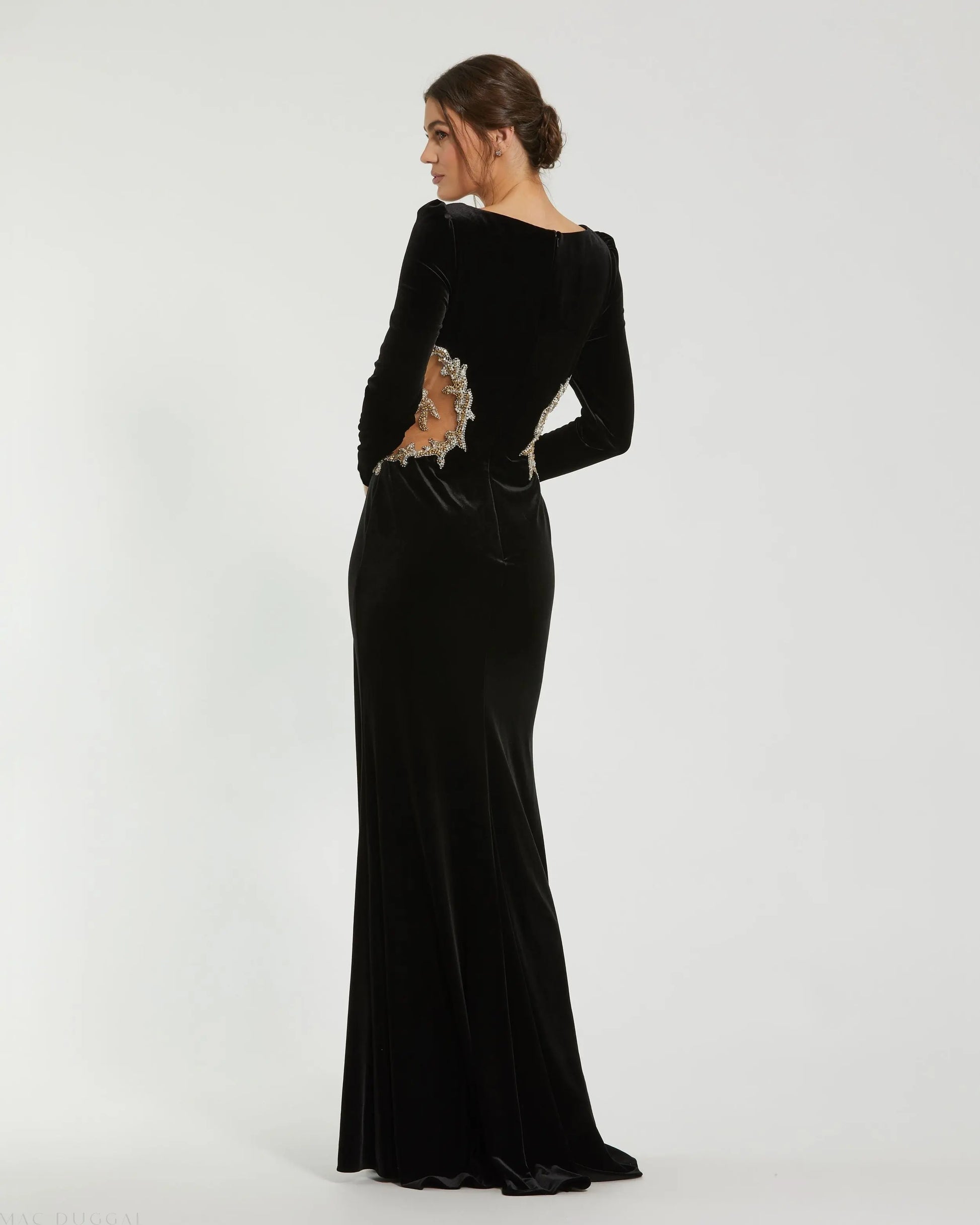Black Long Sleeve Sheer Embellished Velvet Gown | Mac Duggal Black Long Sleeve Sheer Embellished Velvet Gown | Mac Duggal