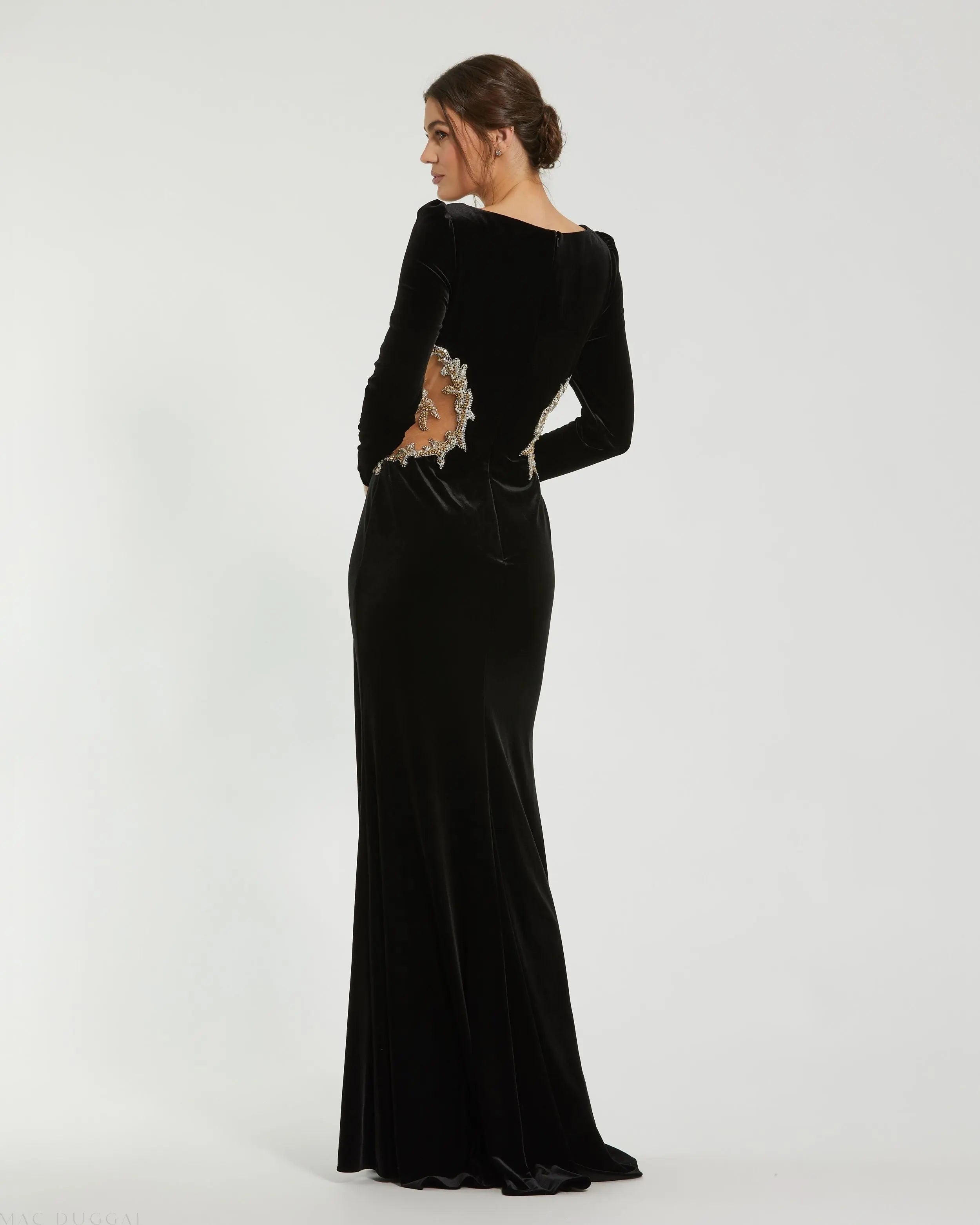 Black Long Draped Sleeve Sheer Embellished Detail Gown - Mac Duggal