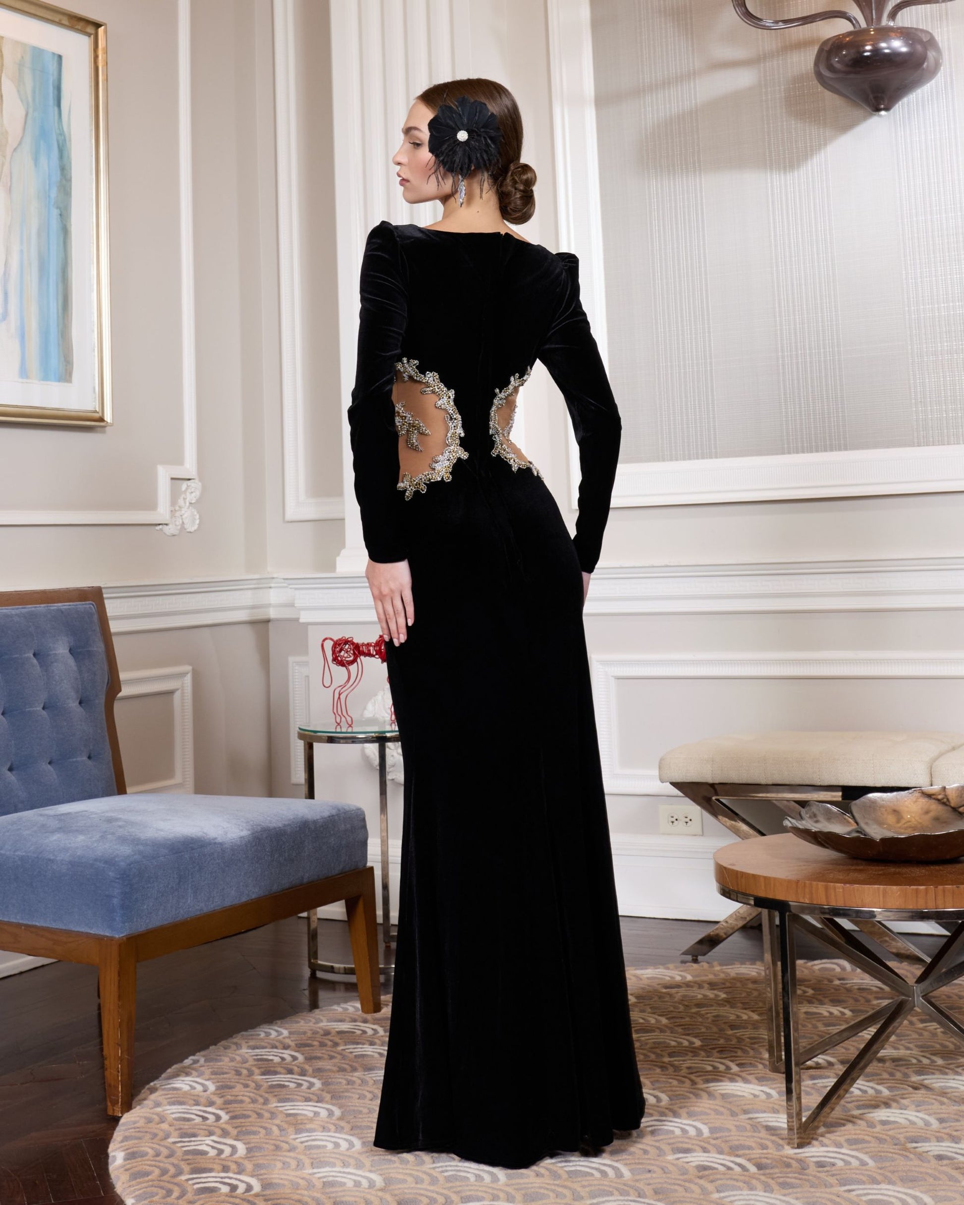 Black Long Sleeve Sheer Embellished Velvet Gown Mac Duggal