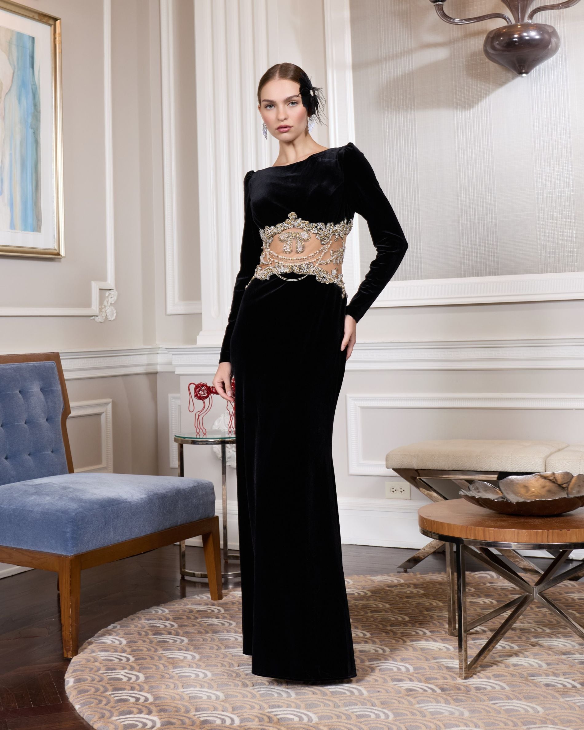 Black Long Sleeve Sheer Embellished Velvet Gown Mac Duggal