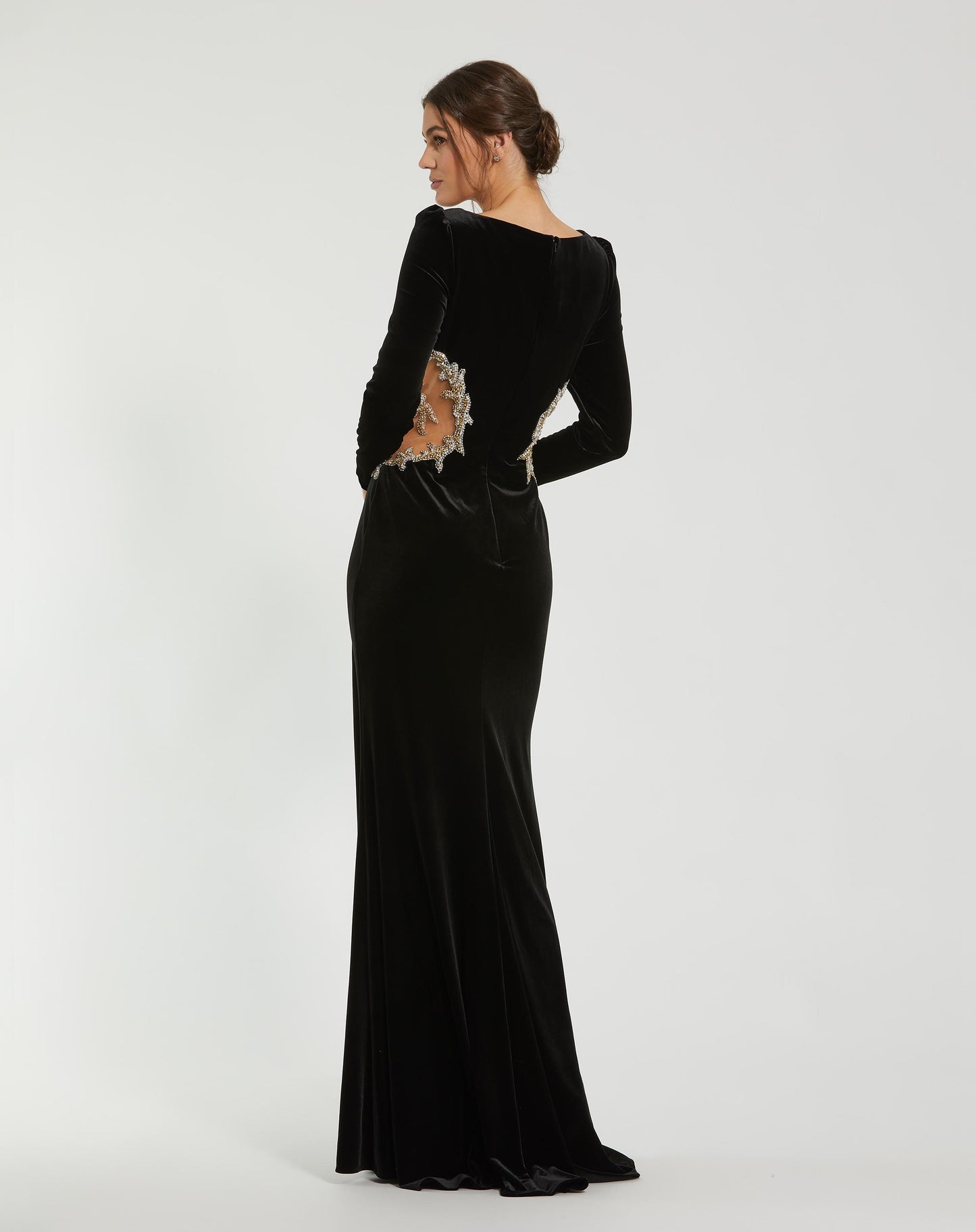 Long Draped Sleeve Sheer Embellished Detail Gown