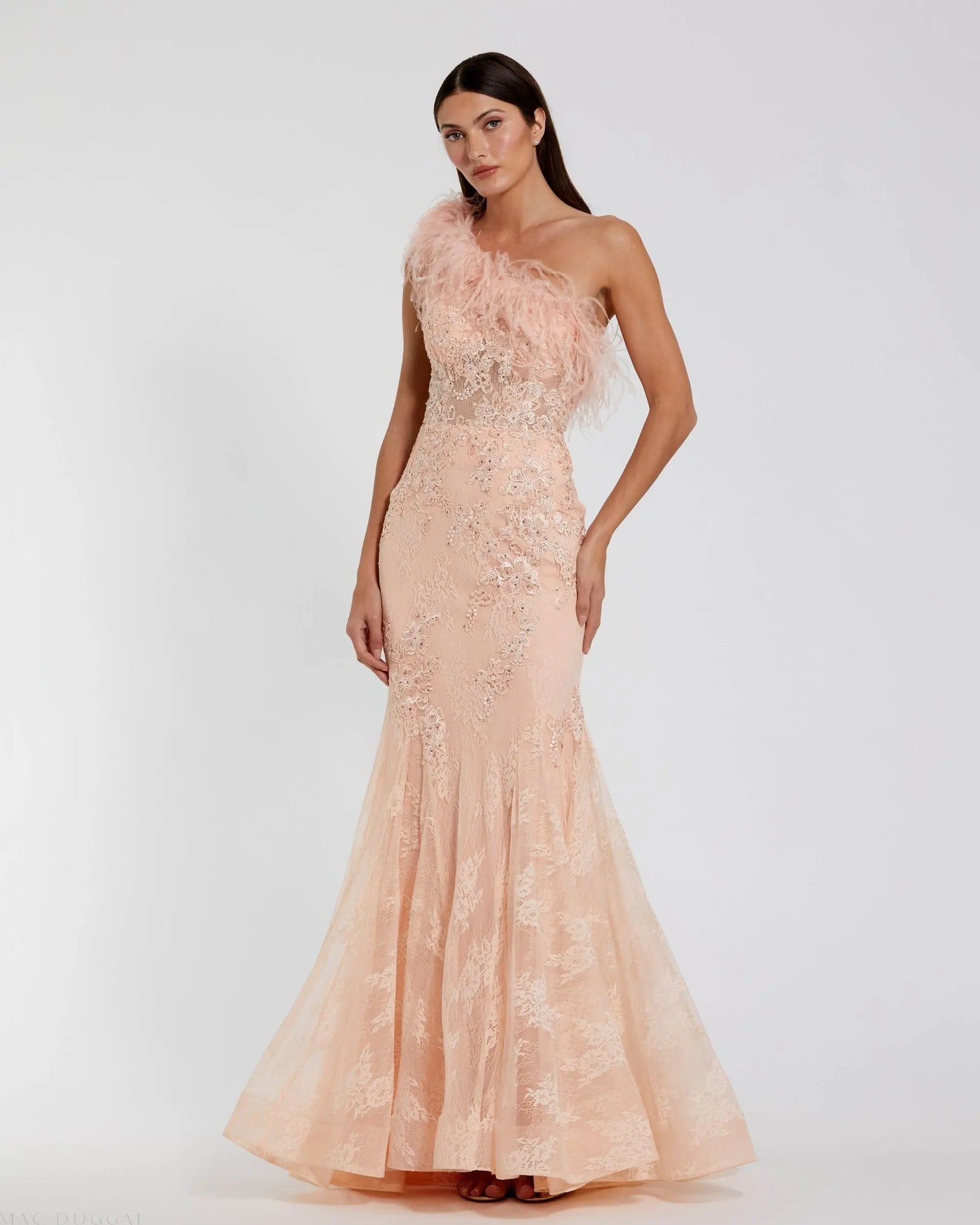 Pink One Shoulder Feather Embellished Mermaid Gown - Mac Duggal 