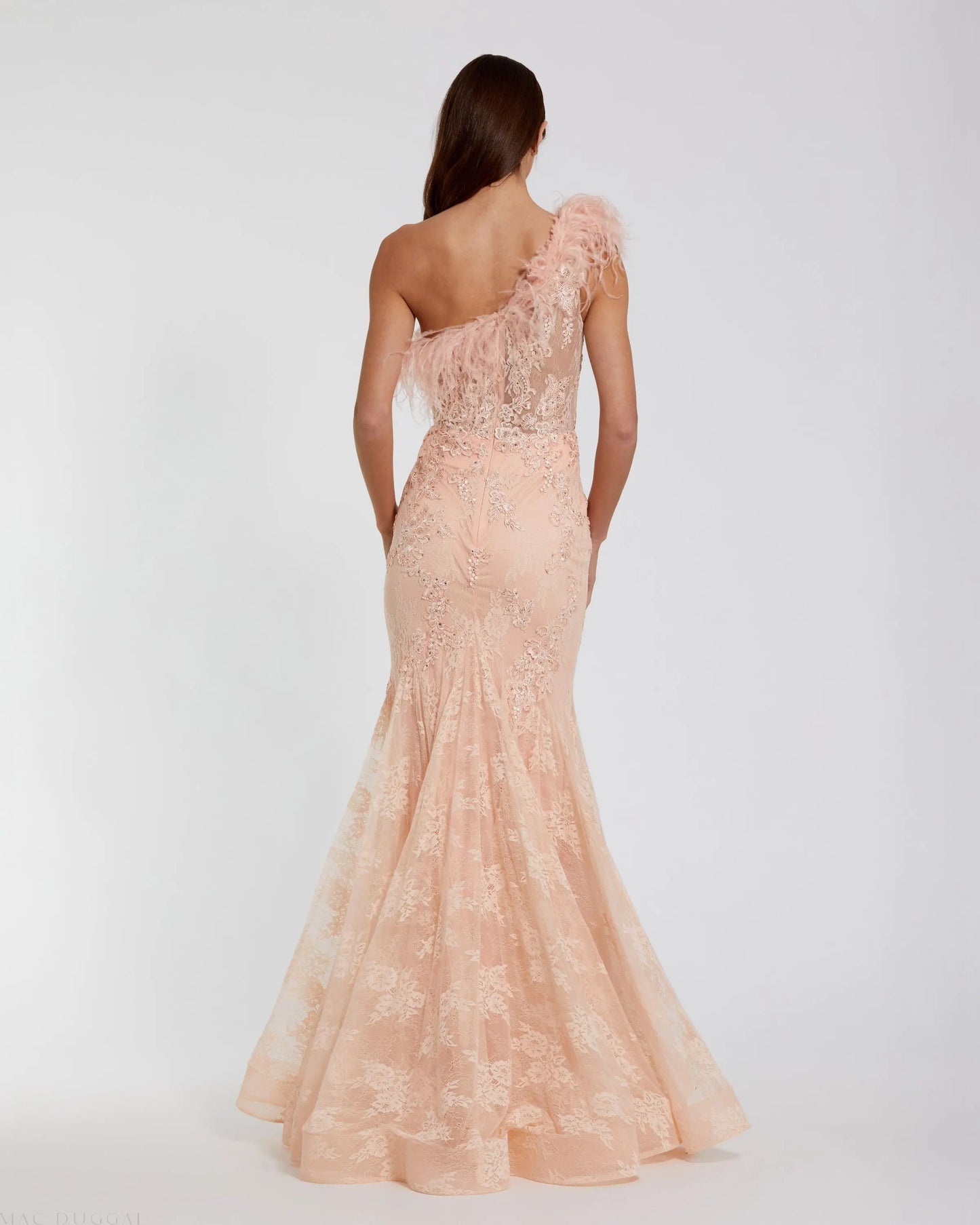 Pink One Shoulder Feather Embellished Mermaid Gown - Mac Duggal 