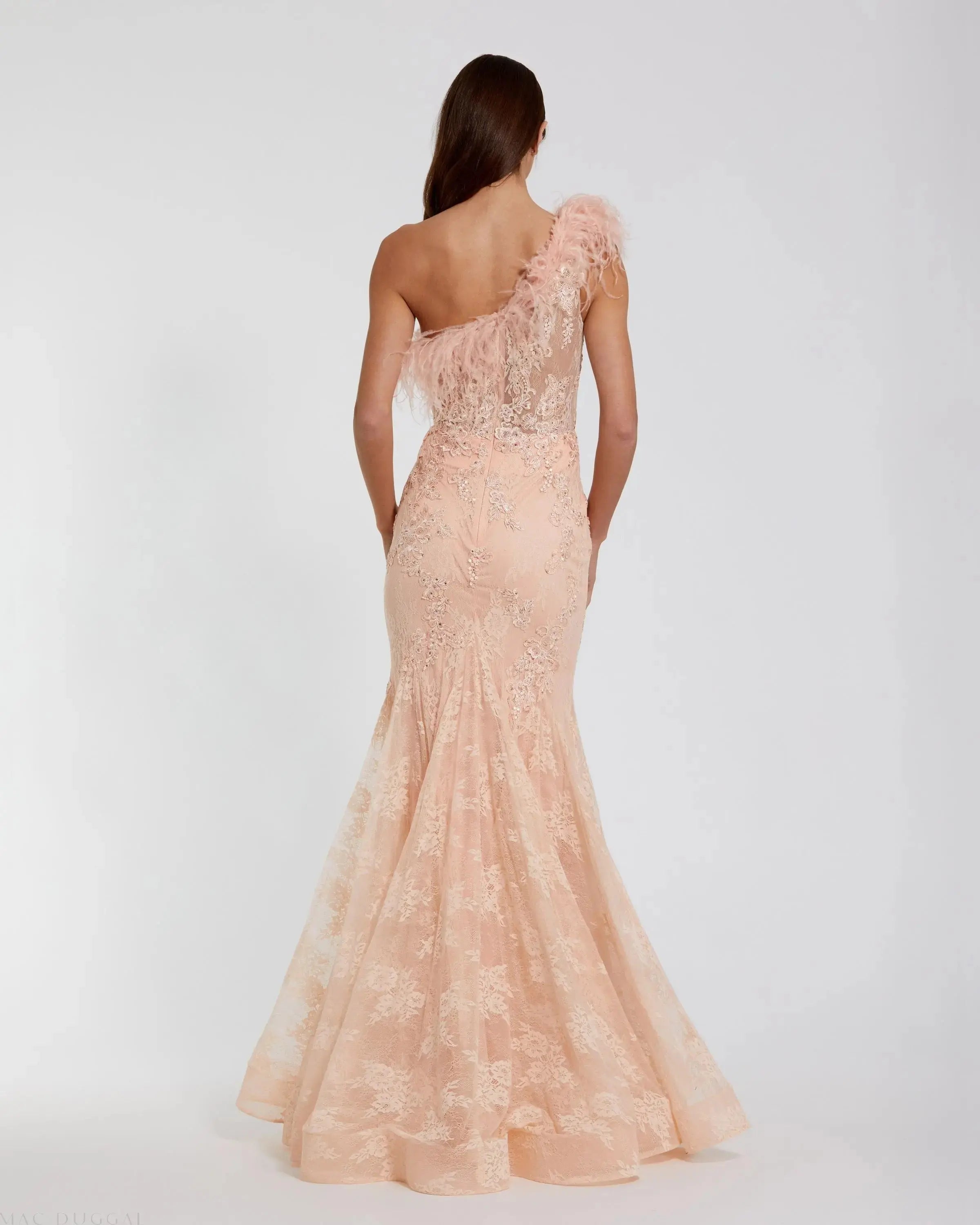 Pink One Shoulder Feather Embellished Mermaid Gown - Mac Duggal 