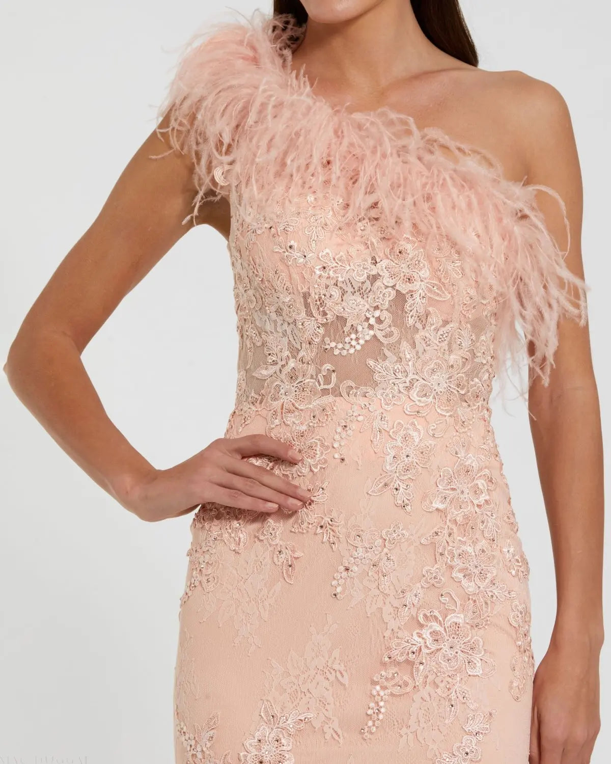 Pink One Shoulder Feather Embellished Mermaid Gown - Mac Duggal 