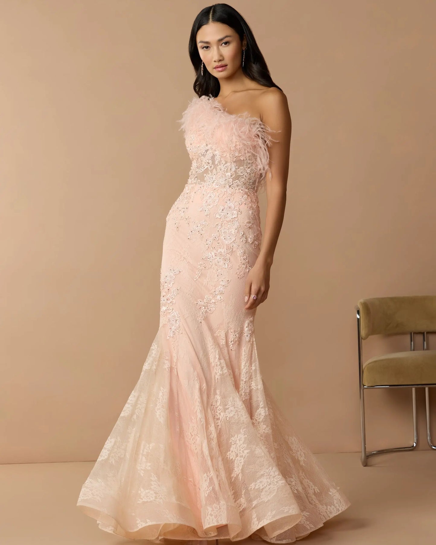 Pink One Shoulder Feather Embellished Mermaid Gown - Mac Duggal