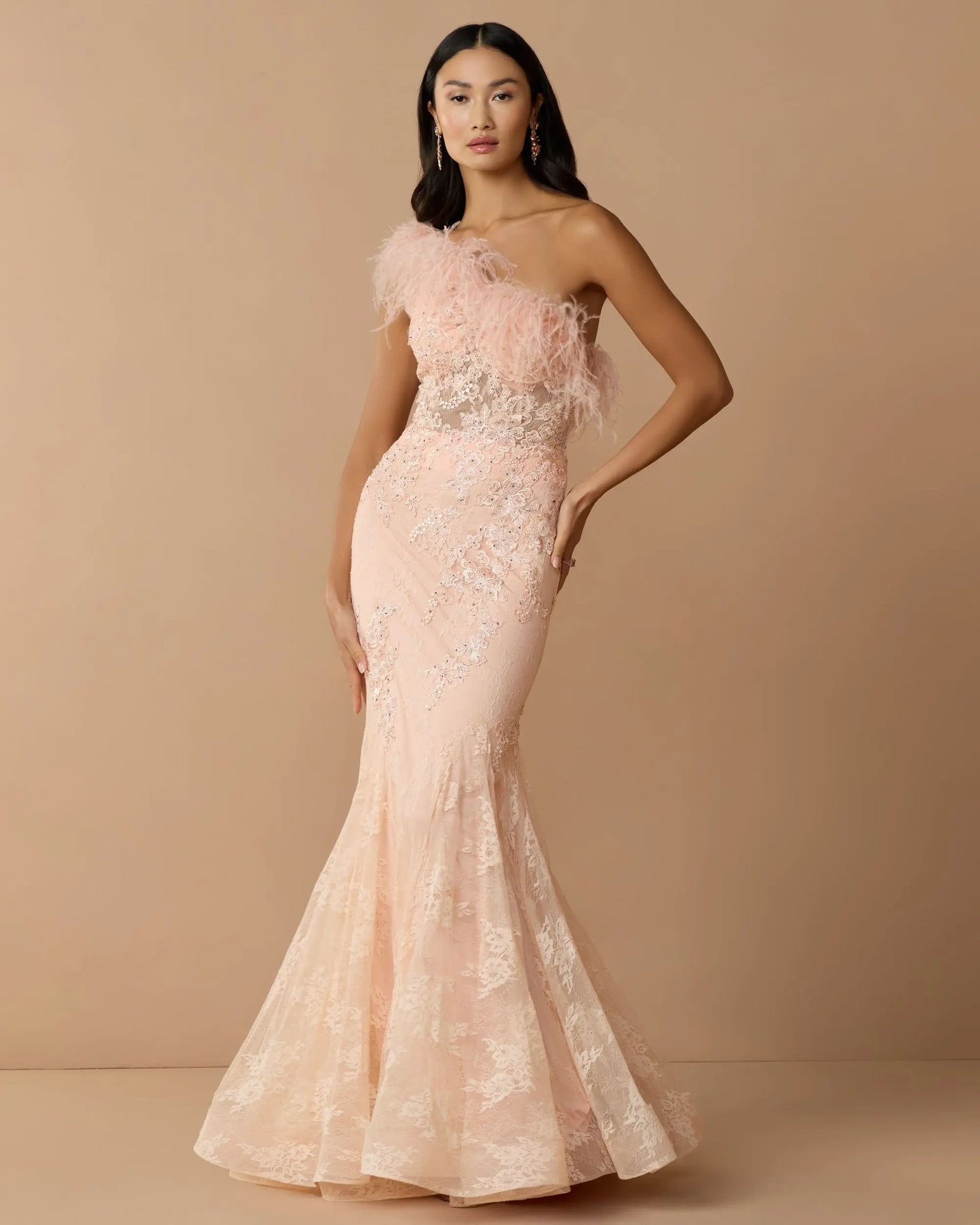 Pink One Shoulder Feather Embellished Mermaid Gown - Mac Duggal