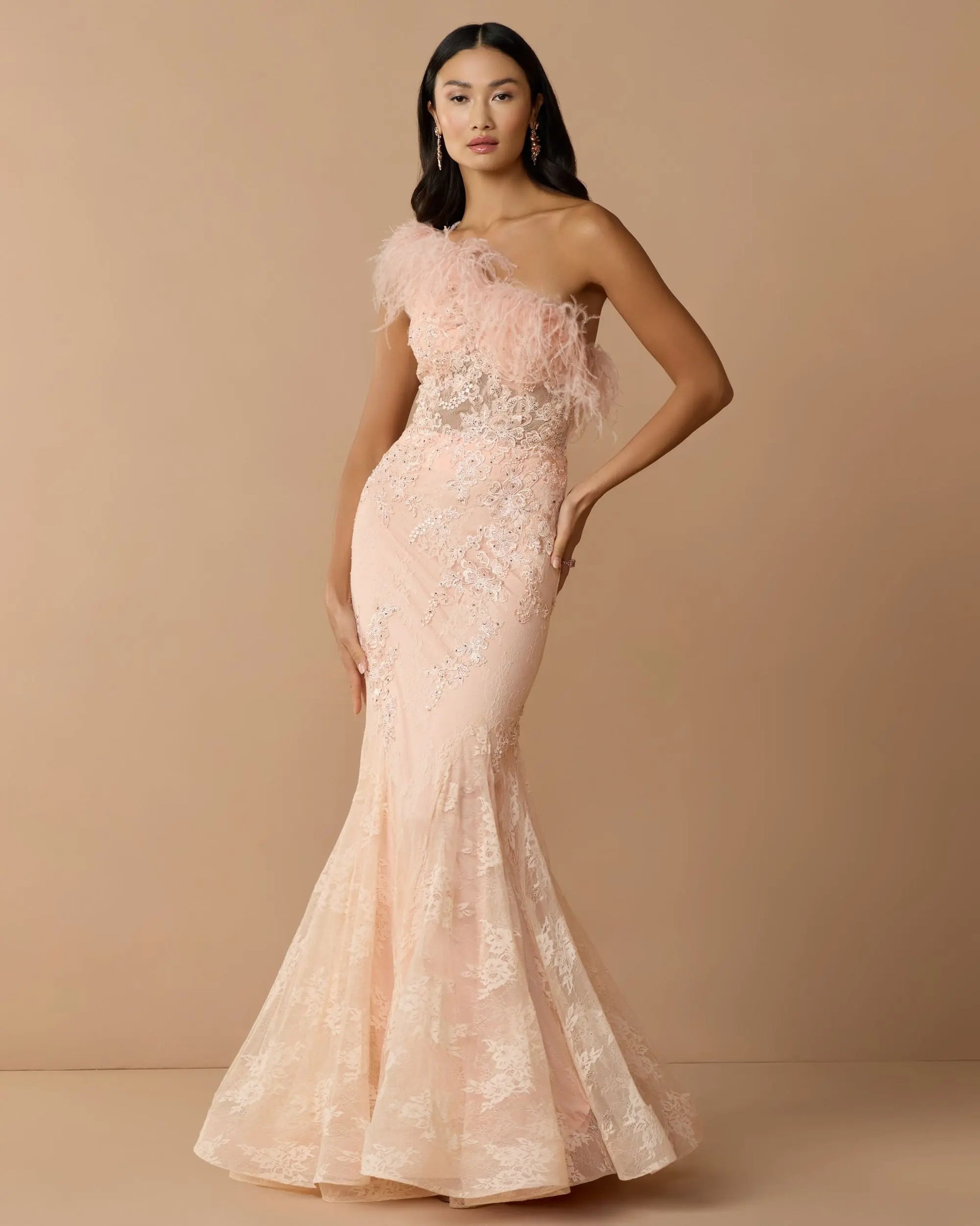 Pink One Shoulder Feather Embellished Mermaid Gown - Mac Duggal