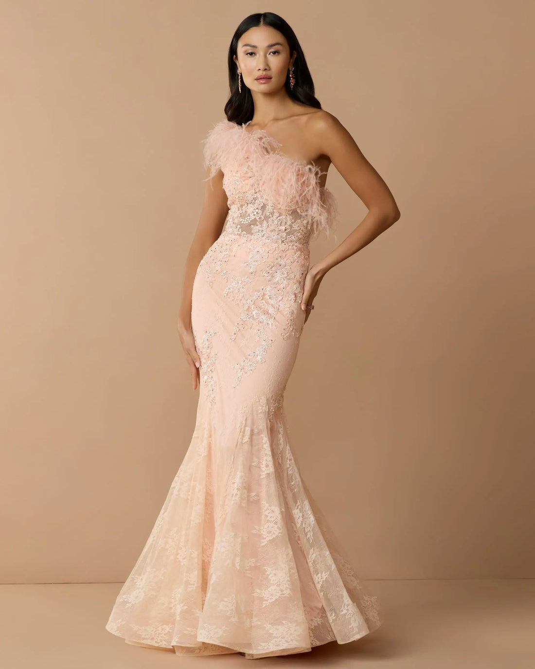 Pink One Shoulder Feather Embellished Mermaid Gown - Mac Duggal