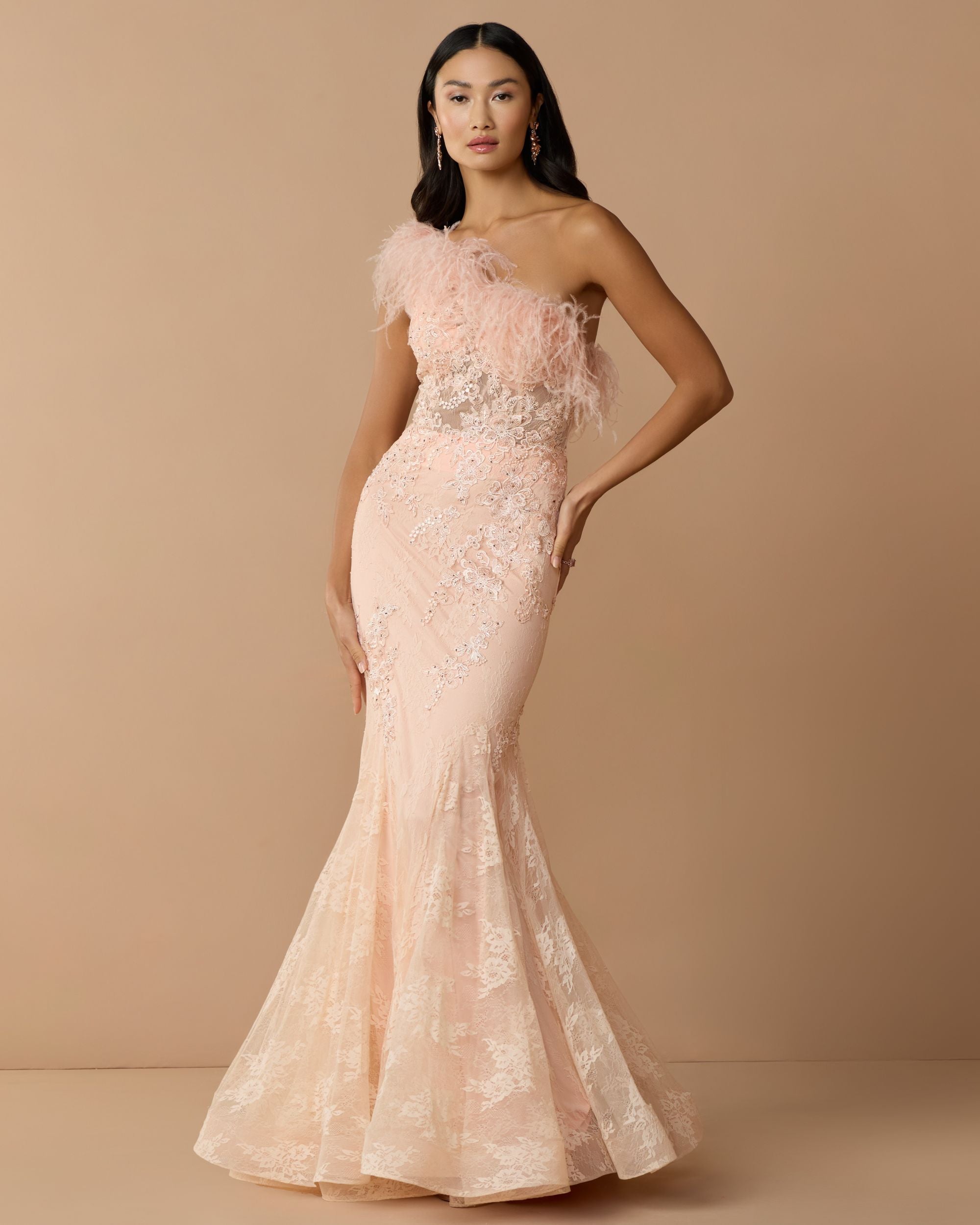 Pink One Shoulder Feather Embellished Mermaid Gown