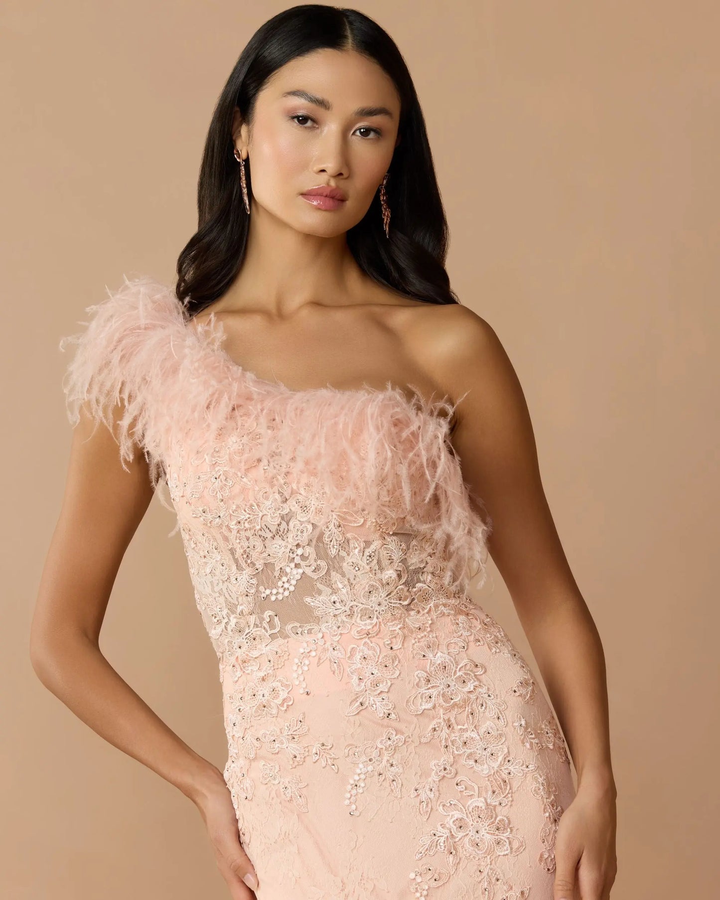 Pink One Shoulder Feather Embellished Mermaid Gown - Mac Duggal
