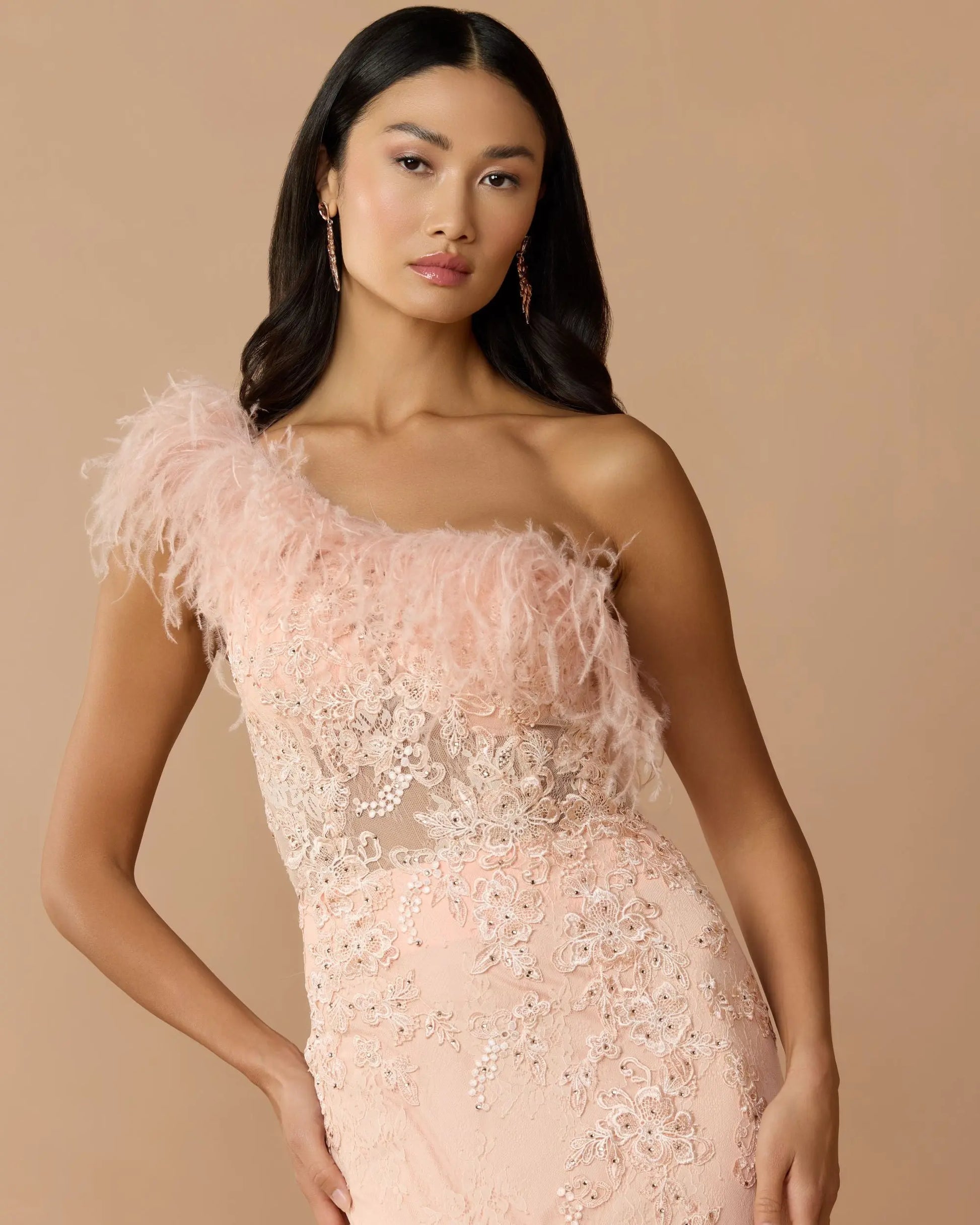 Pink One Shoulder Feather Embellished Mermaid Gown - Mac Duggal