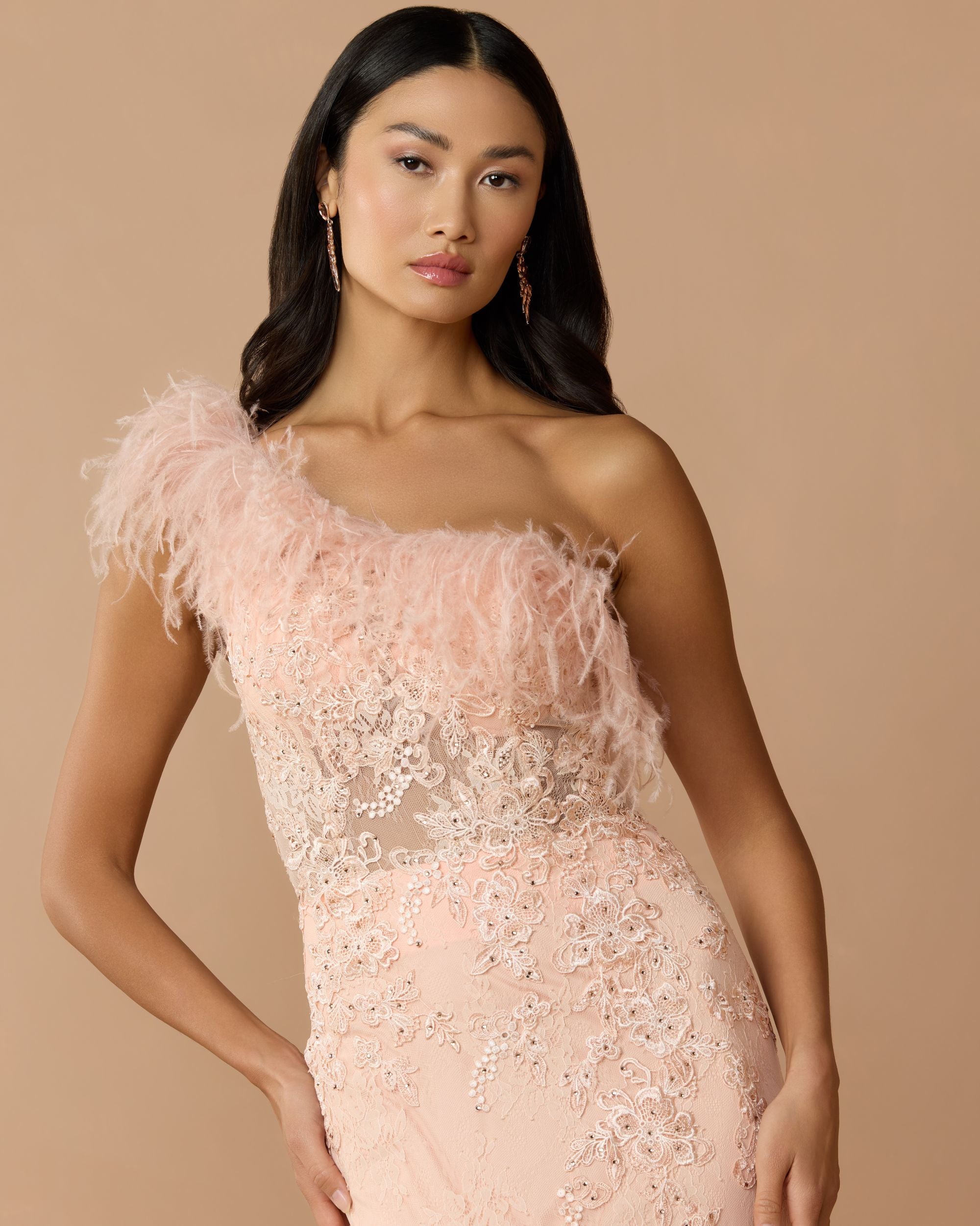 Pink One Shoulder Feather Embellished Mermaid Gown - Mac Duggal
