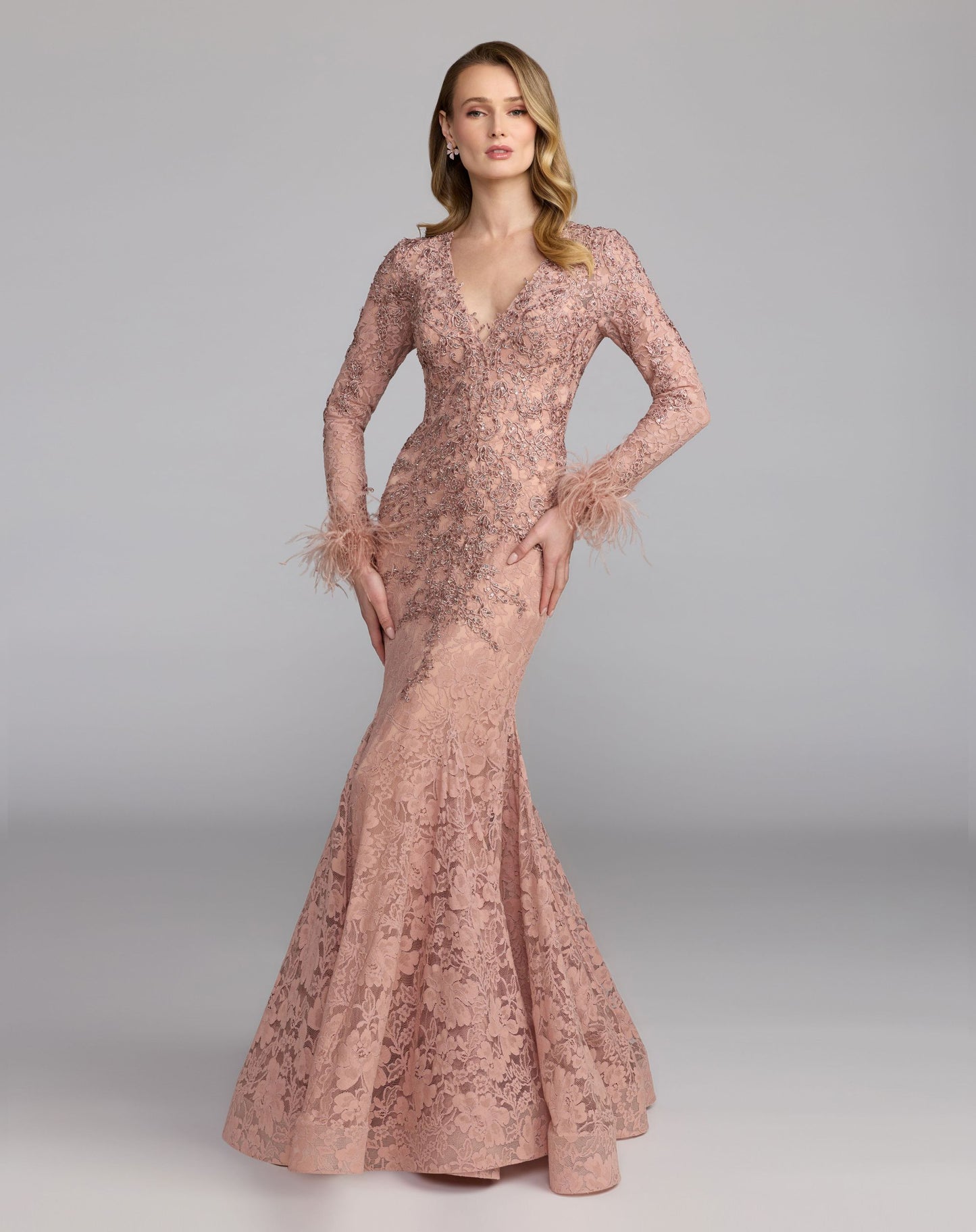 Pink Long Sleeve Feather Embellished Mermaid Gown - Mac Duggal