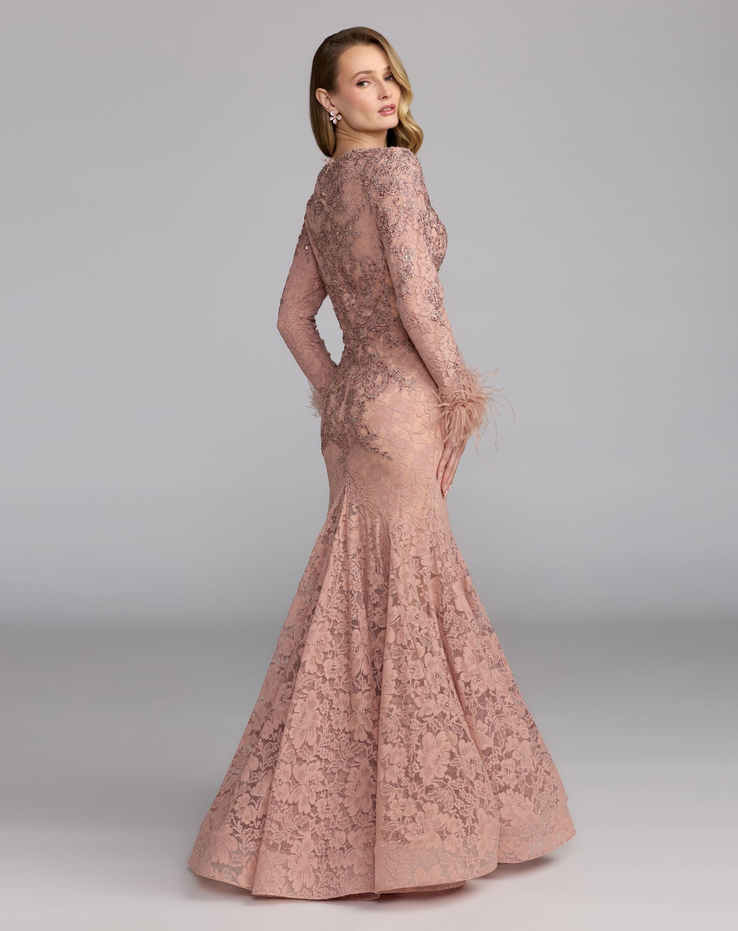 Pink Long Sleeve Feather Embellished Mermaid Gown - Mac Duggal