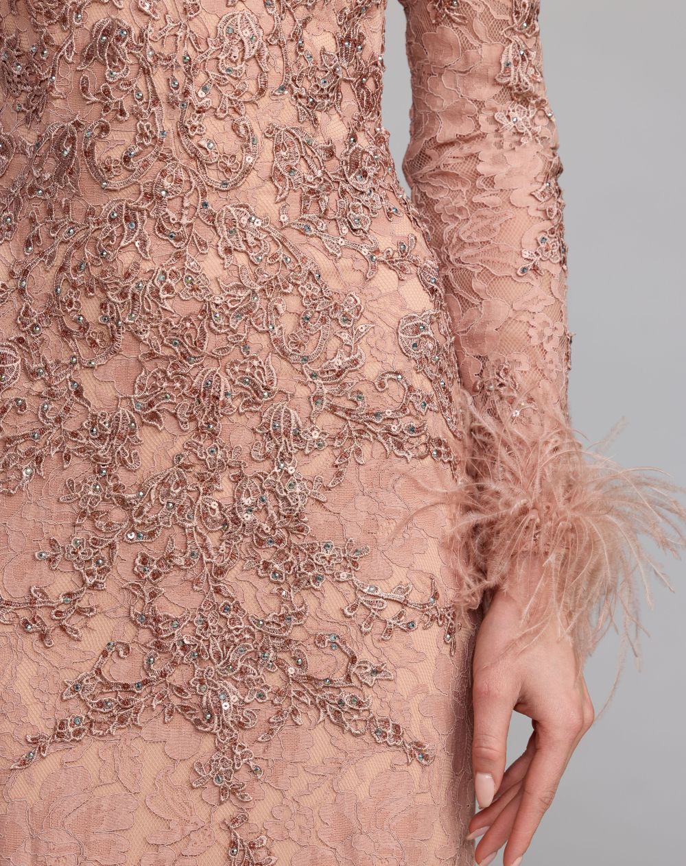 Pink Long Sleeve Feather Embellished Mermaid Gown - Mac Duggal