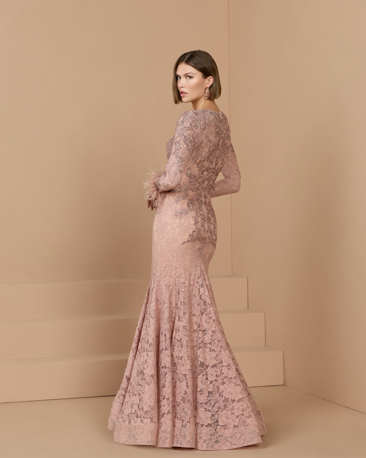 Rose Long Sleeve Feather Embellished Mermaid Gown - Mac Duggal
