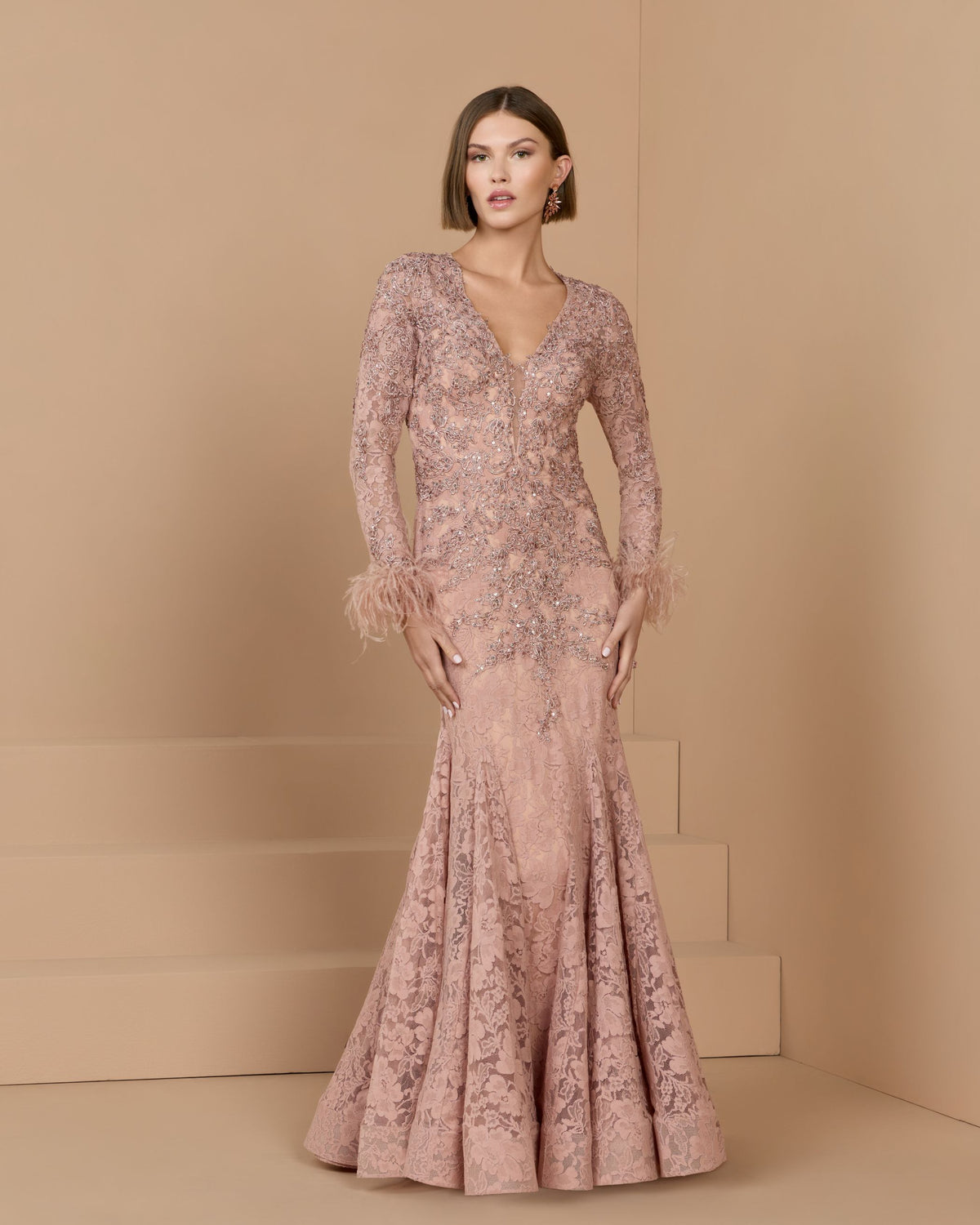Rose Long Sleeve Feather Embellished Mermaid Gown - Mac Duggal