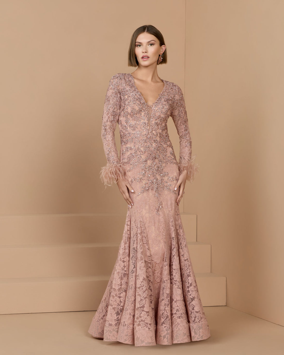Rose Long Sleeve Feather Embellished Mermaid Gown - Mac Duggal