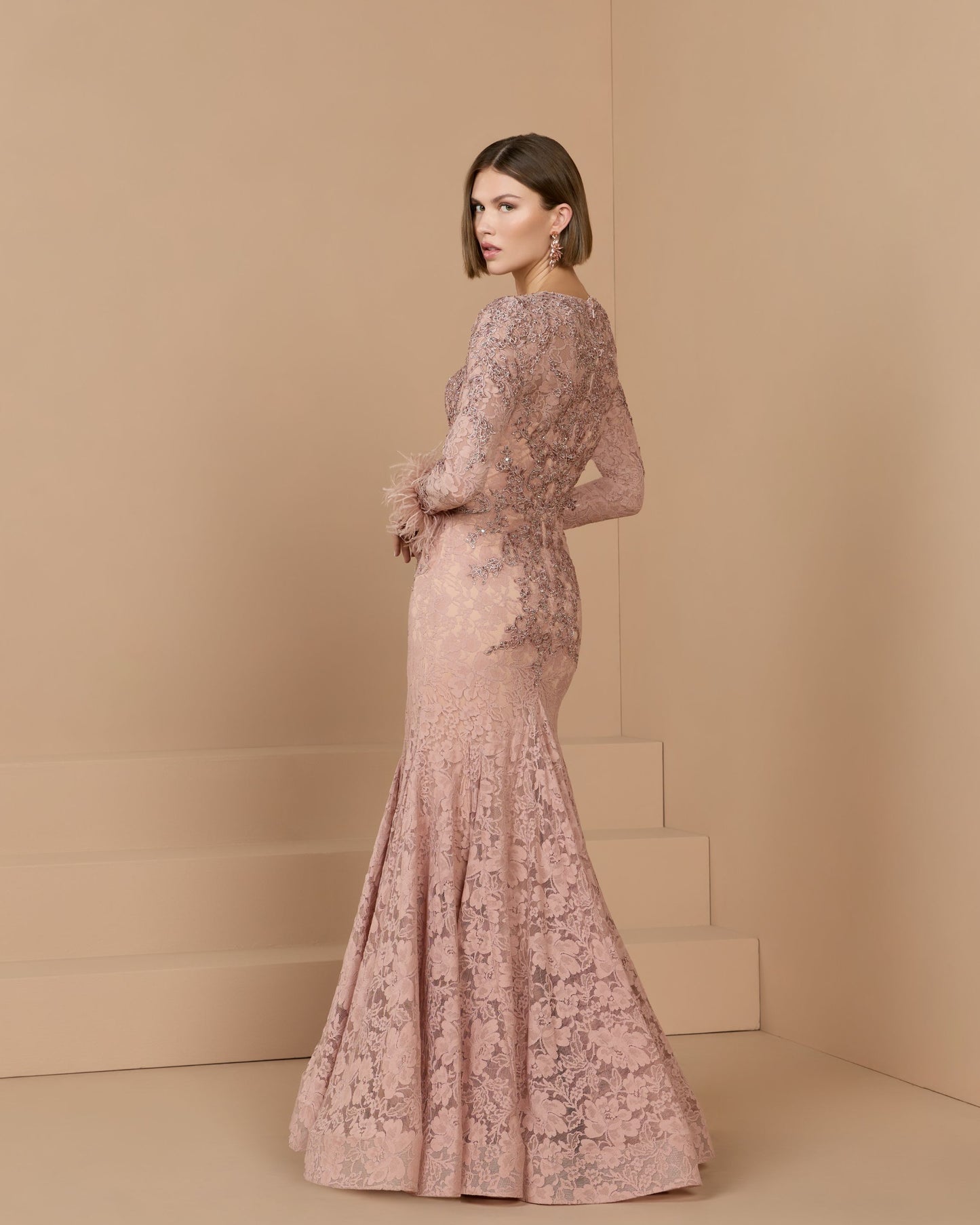 Pink Long Sleeve Feather Embellished Mermaid Gown - Mac Duggal