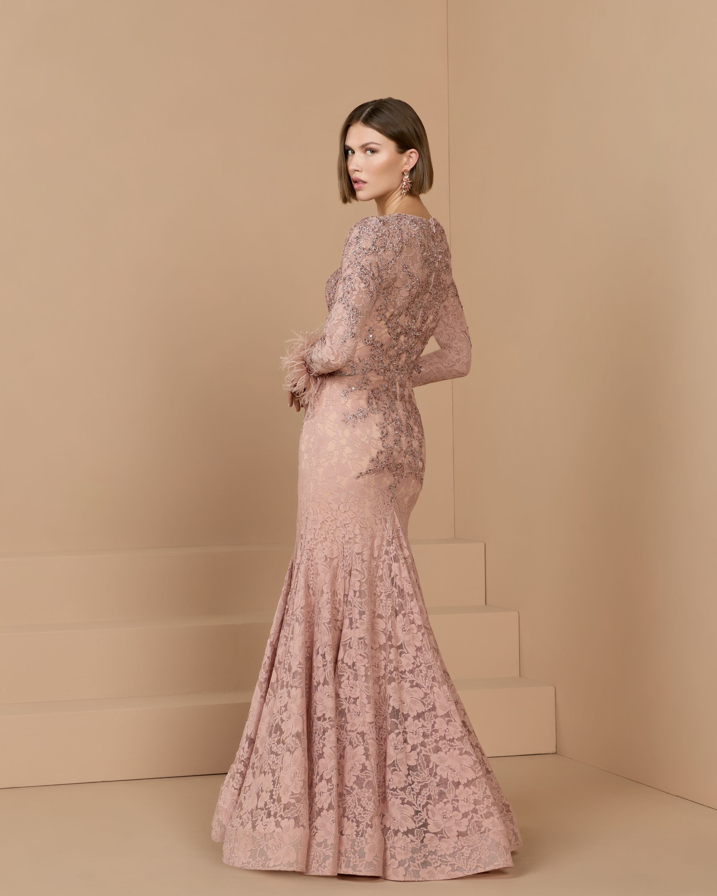 Pink Long Sleeve Feather Embellished Mermaid Gown - Mac Duggal