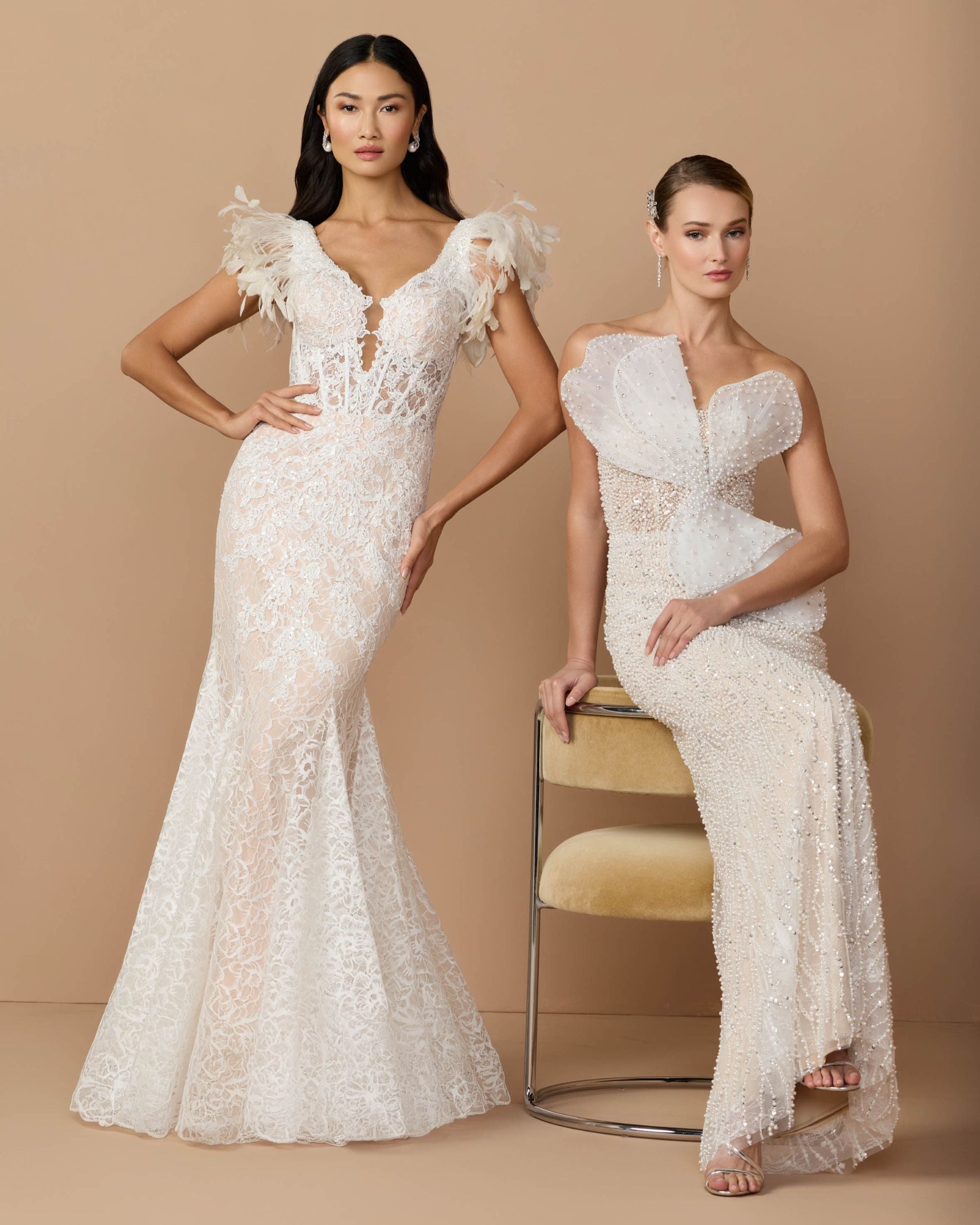 Ivory Embellished Mermaid Gown with Feather Shoulders