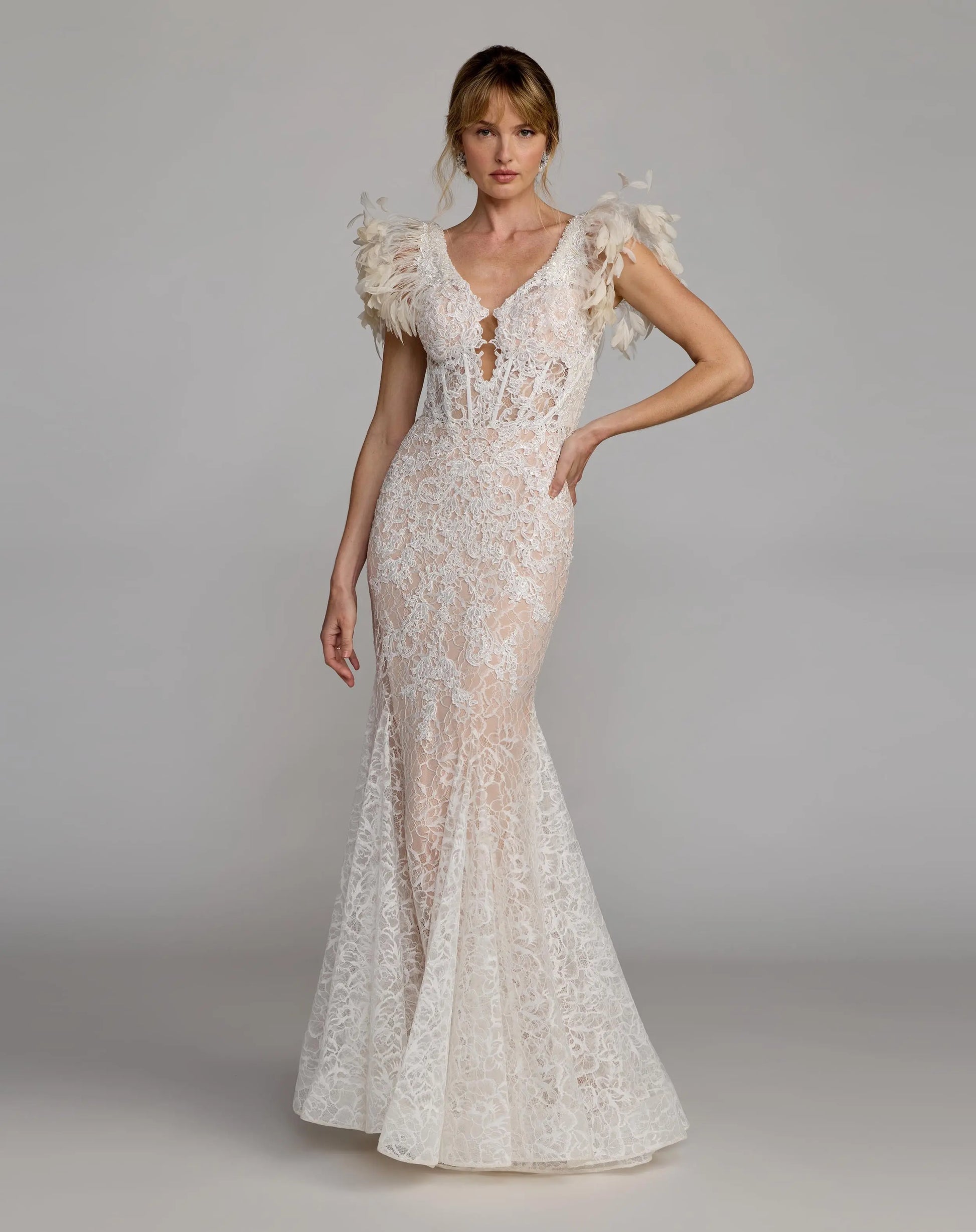 Ivory Embellished Mermaid Gown with Feather Shoulders Mac Duggal 