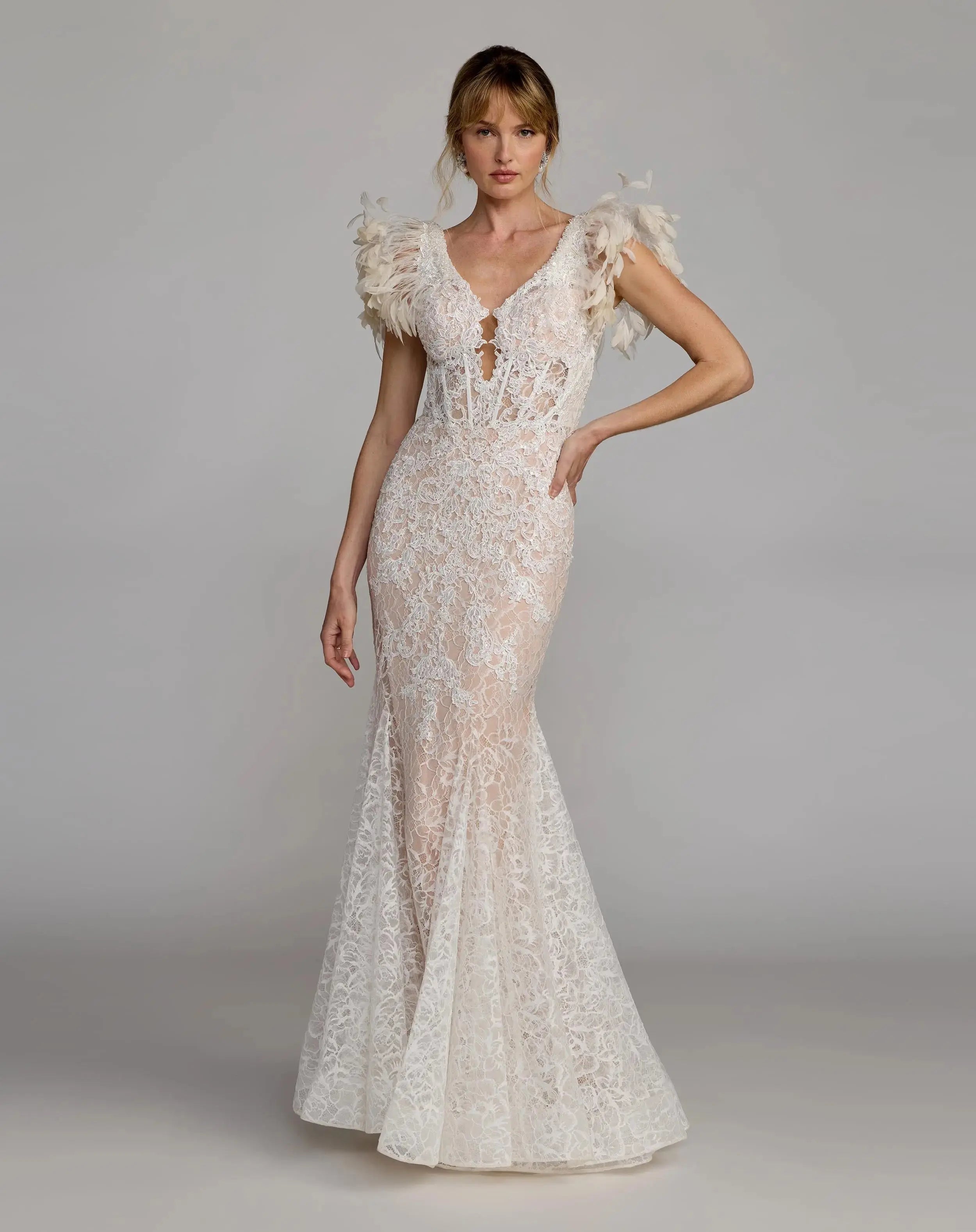 Ivory Embroidered Lace Mermaid Gown With Feather Sleeves - Mac Duggal