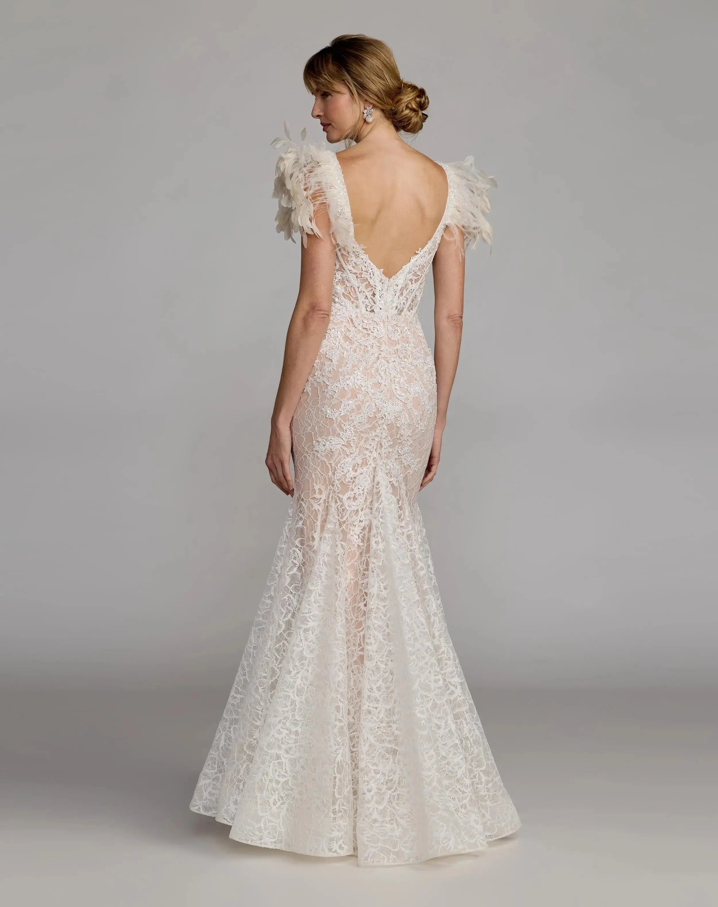 Ivory Embroidered Lace Mermaid Gown With Feather Sleeves - Mac Duggal