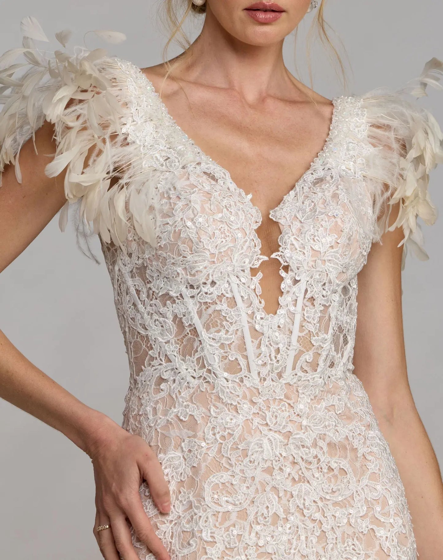 Ivory Embroidered Lace Mermaid Gown With Feather Sleeves - Mac Duggal