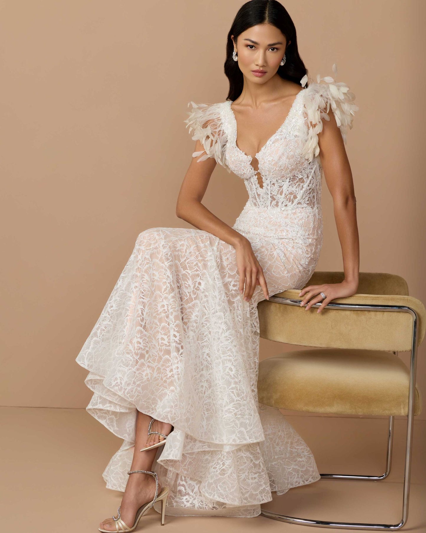 Ivory Embellished Mermaid Gown with Feather Shoulders