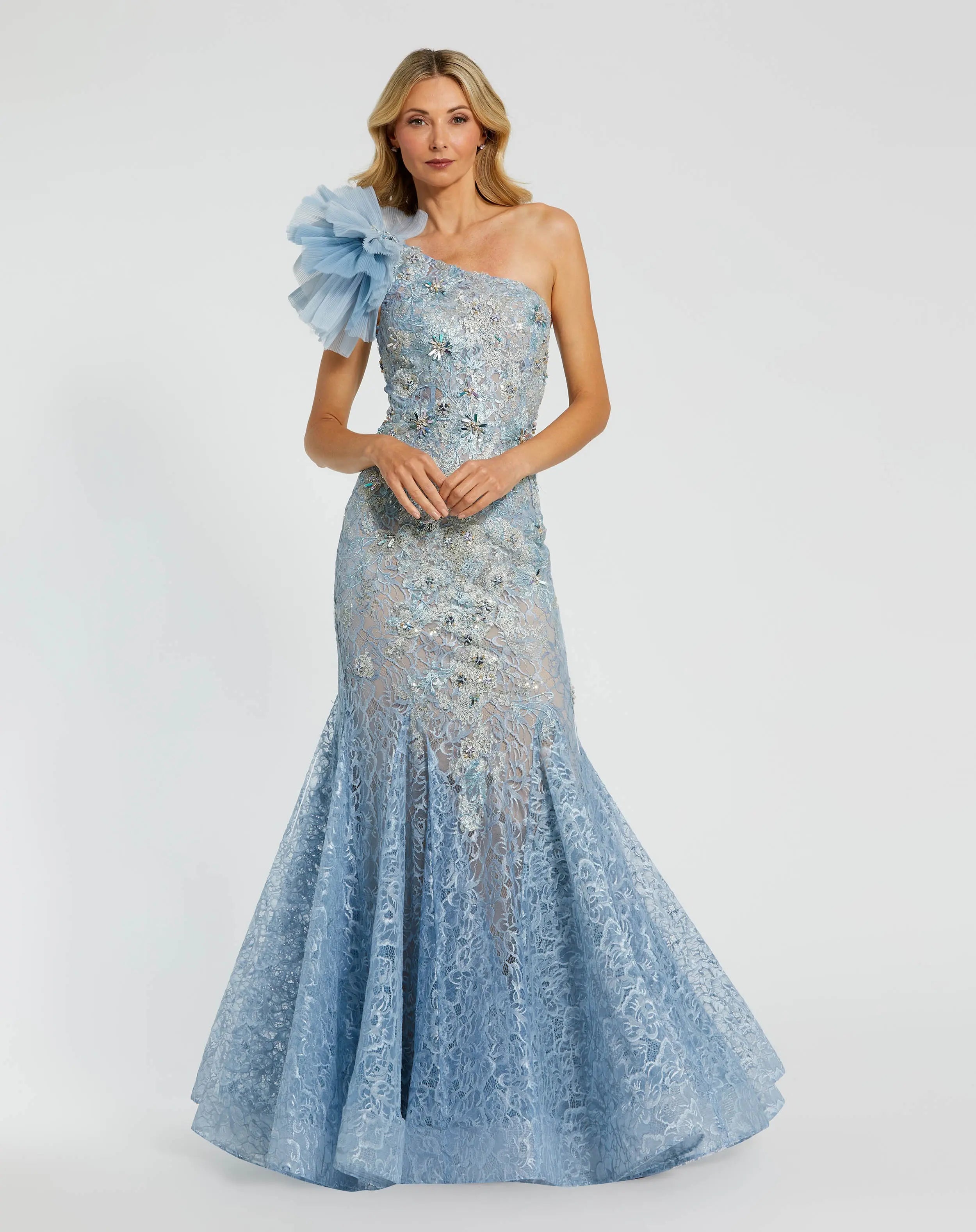 Blue Embellished Tulle Flower Detail Mermaid Gown - Mac Duggal