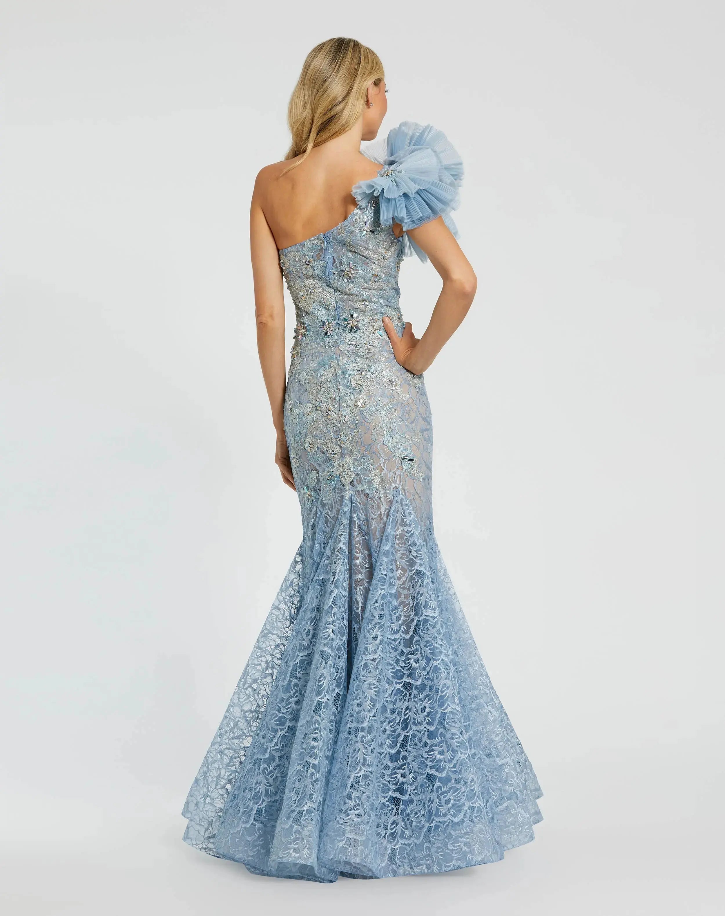 Blue Sleeveless One Shoulder Embroidered Mermaid Gown - Mac Duggal
