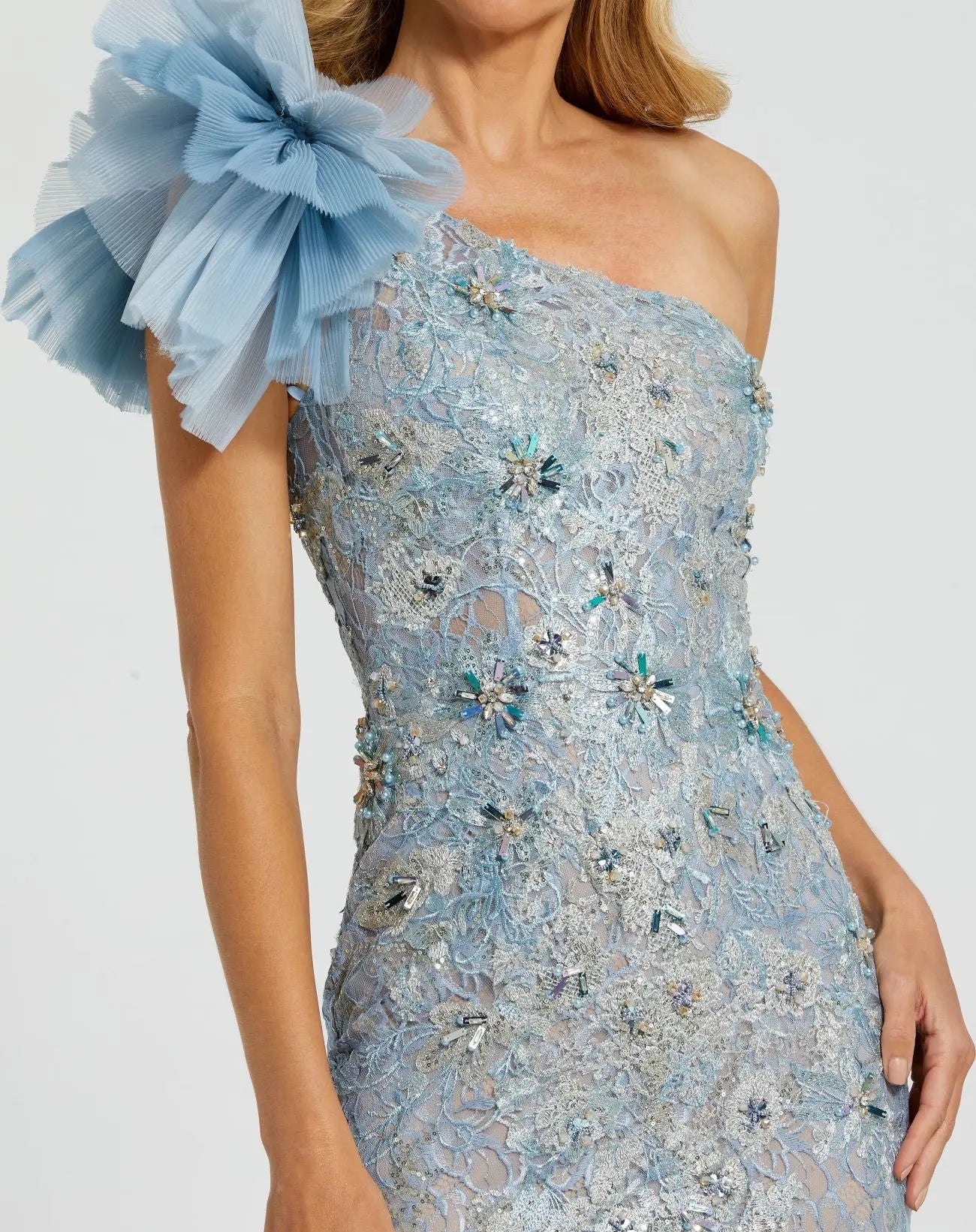 Blue Embellished Tulle Flower Detail Mermaid Gown - Mac Duggal
