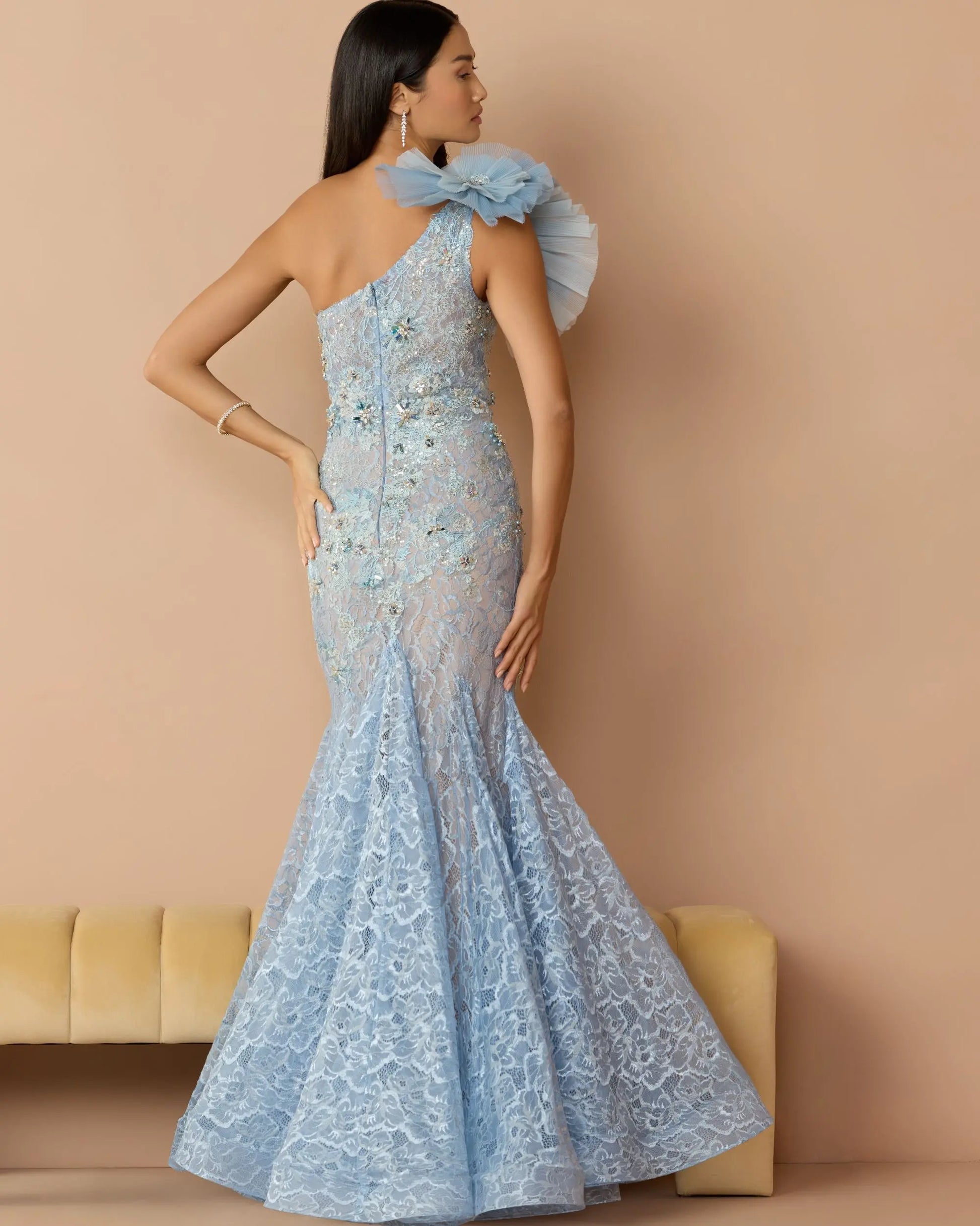 Blue Sleeveless One Shoulder Embroidered Mermaid Gown - Mac Duggal
