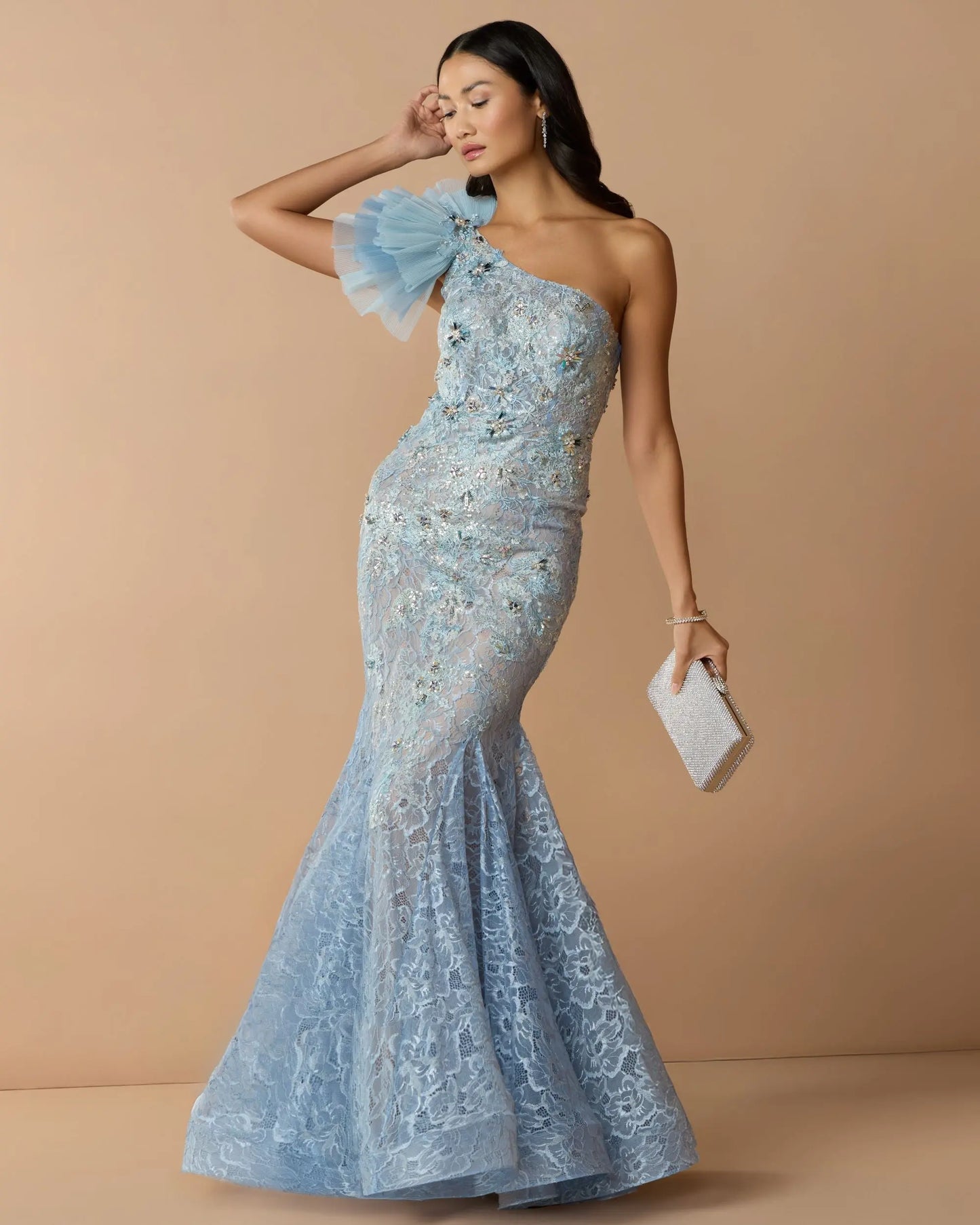 Blue Sleeveless One Shoulder Embroidered Mermaid Gown - Mac Duggal