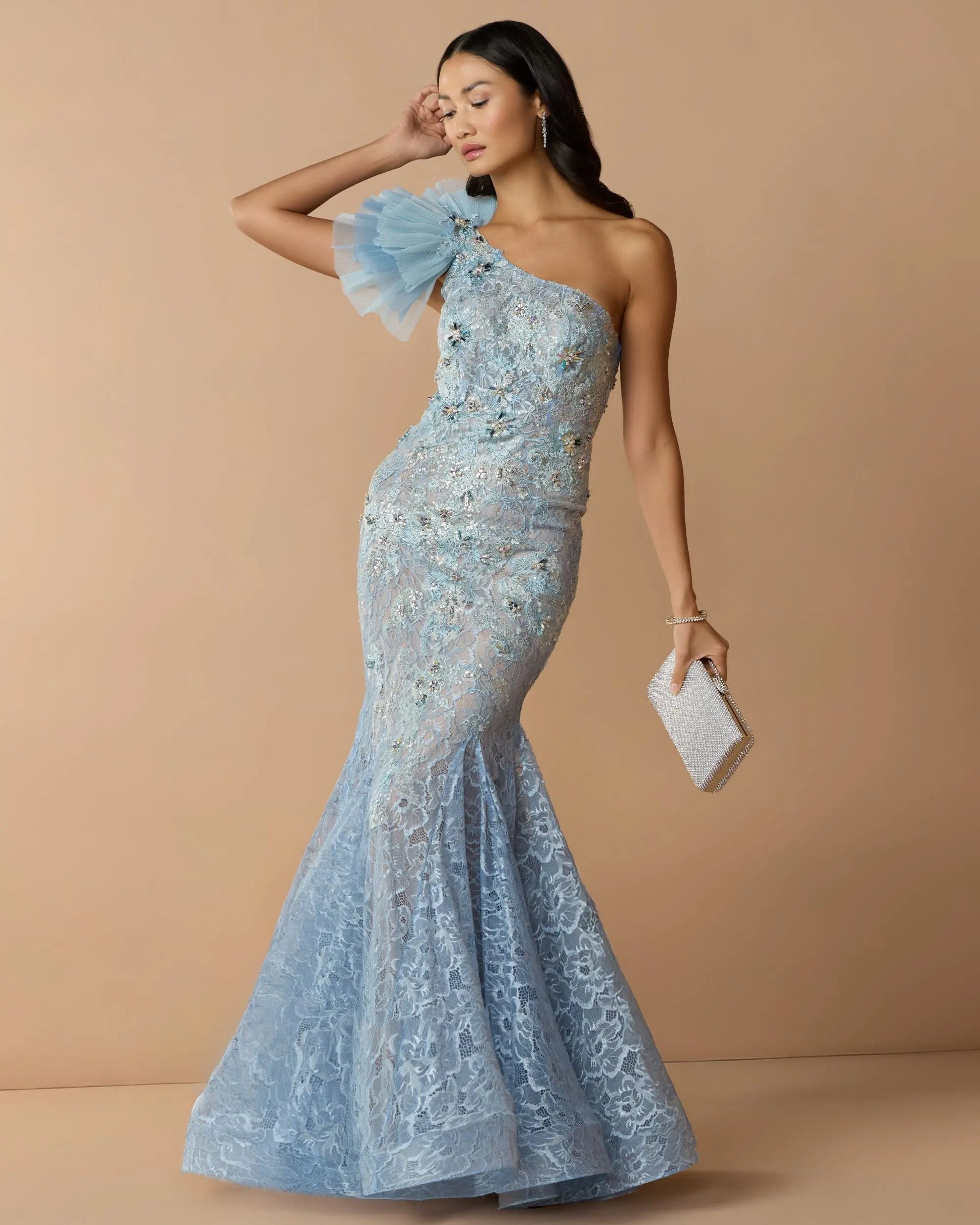 Blue Sleeveless One Shoulder Embroidered Mermaid Gown - Mac Duggal