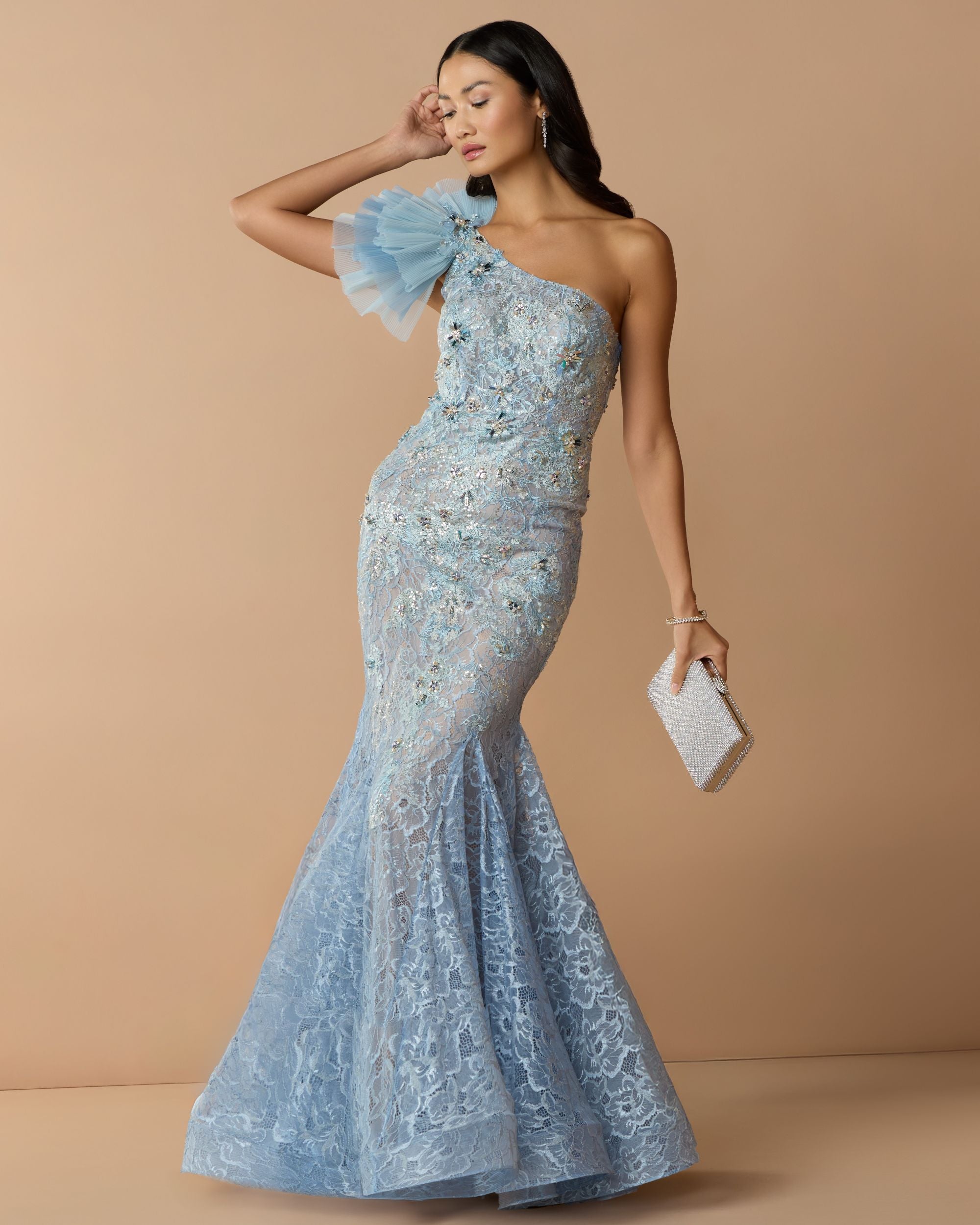 Blue Embellished Tulle Flower Detail Mermaid Gown