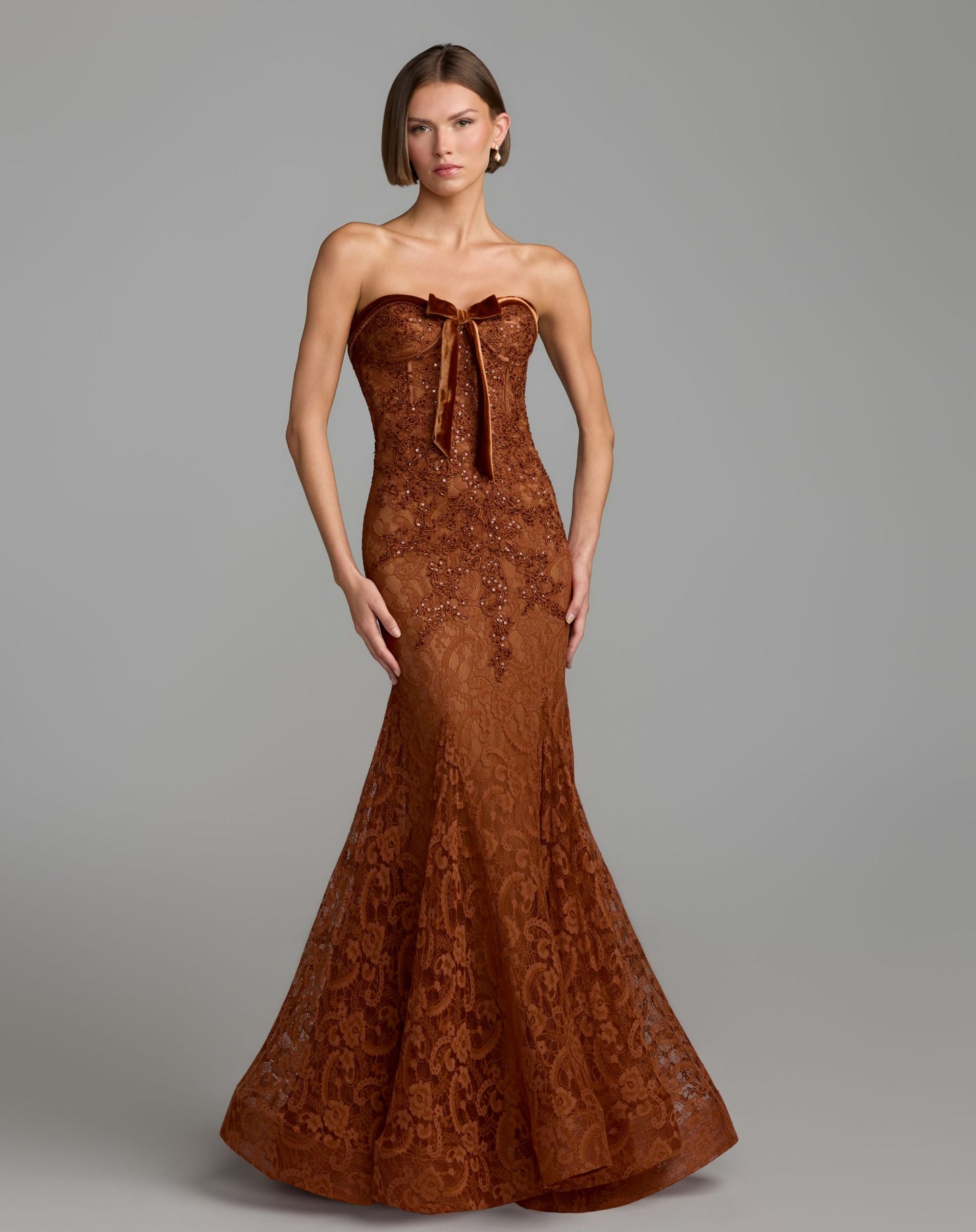 Dark Orange Embroidered Lace Strapless Mermaid Gown Mac Duggal