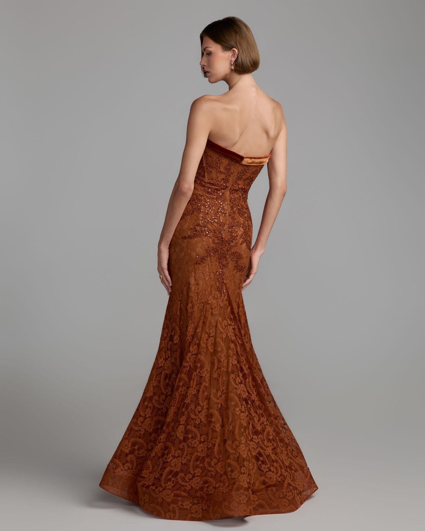 Dark Orange Embroidered Lace Strapless Mermaid Gown Mac Duggal