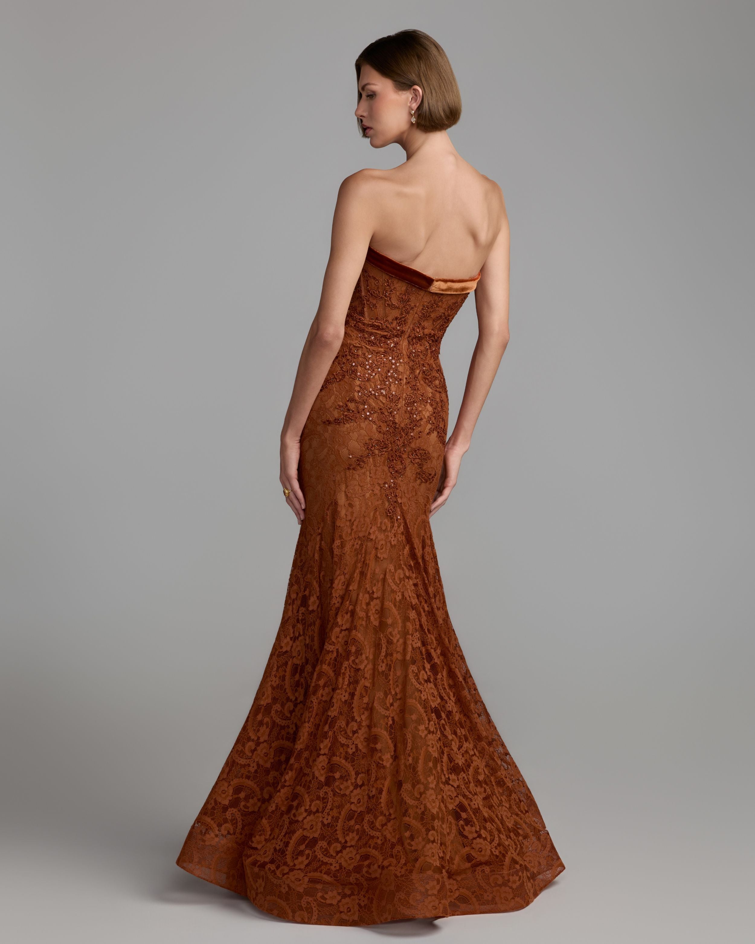 Dark Orange Embroidered Lace Strapless Mermaid Gown Mac Duggal