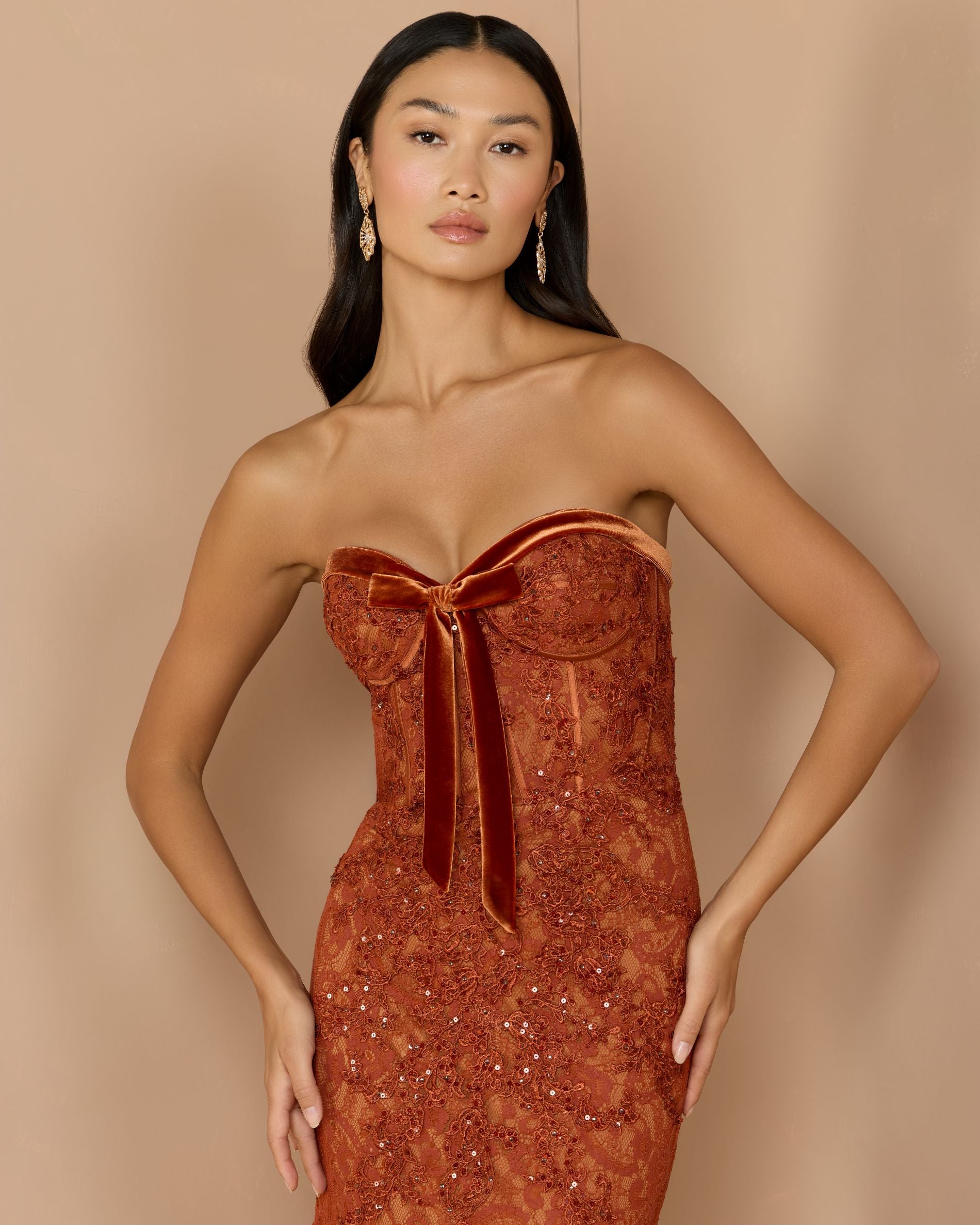 Dark Orange Embroidered Lace Strapless Mermaid Gown Mac Duggal