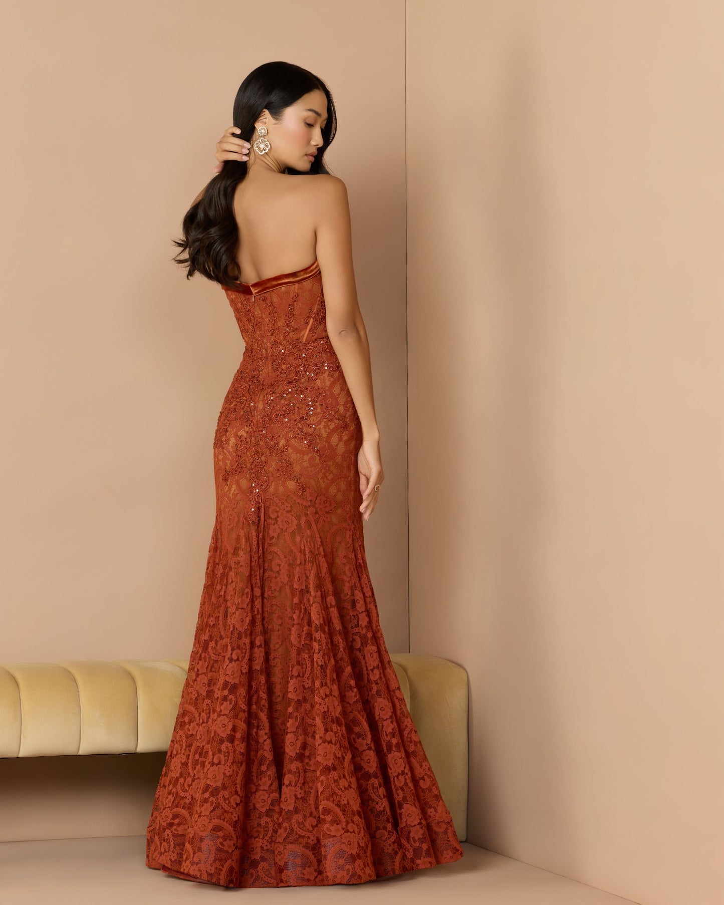 Dark Orange Embroidered Lace Strapless Mermaid Gown Mac Duggal