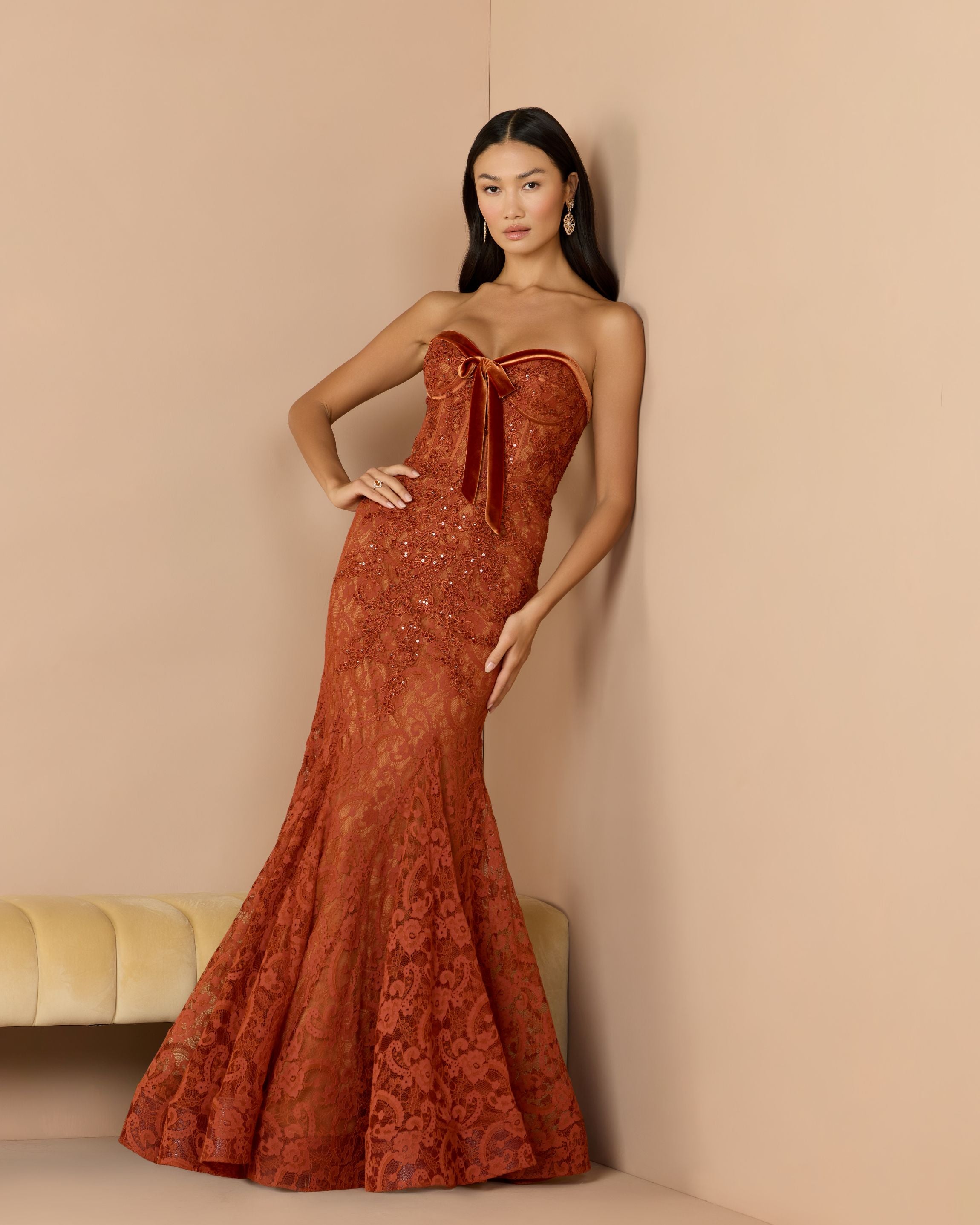 Dark Orange Embroidered Lace Strapless Mermaid Gown Mac Duggal