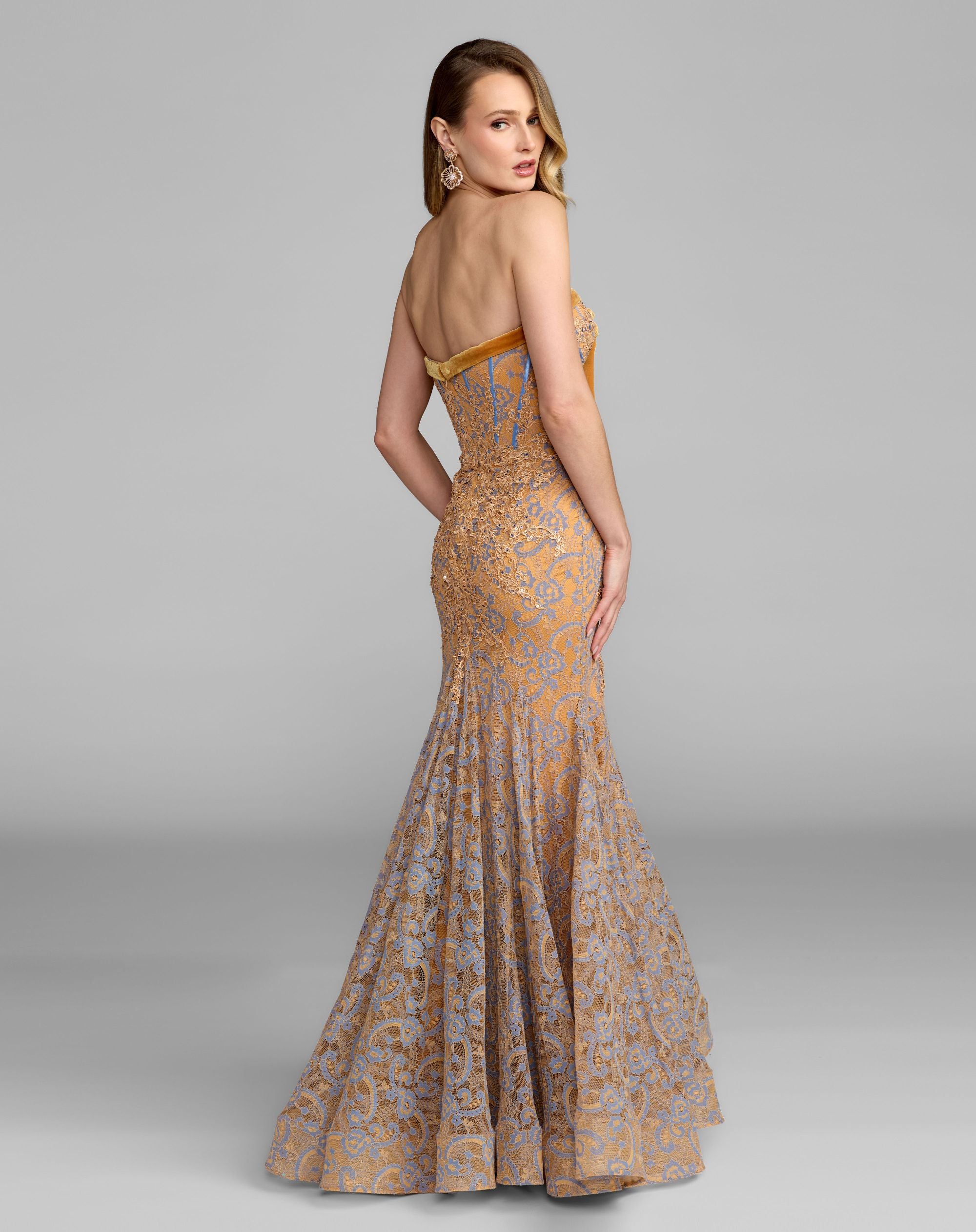 Orange Embroidered Lace Strapless Mermaid Gown - Mac Duggal