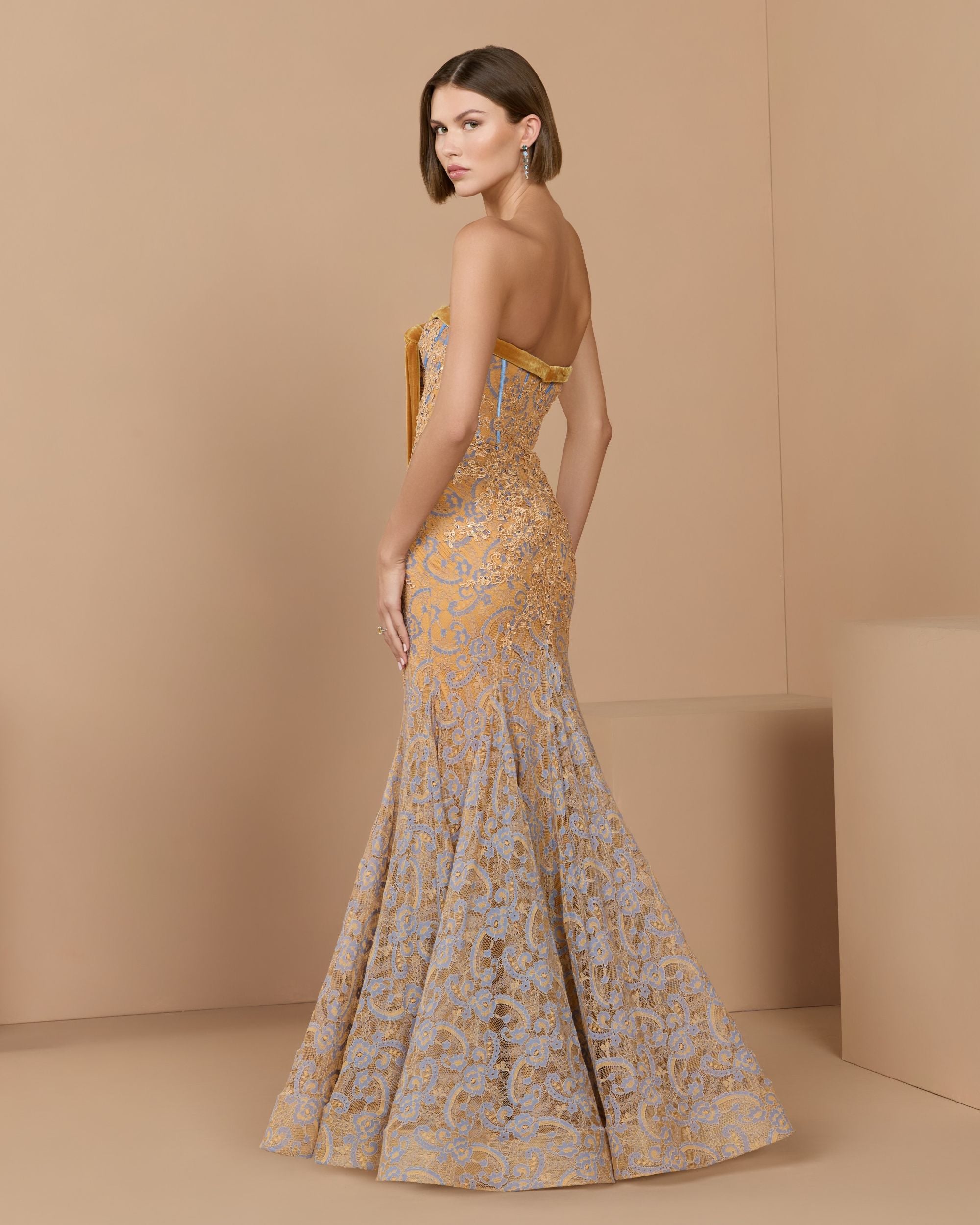 Orange Embroidered Lace Strapless Mermaid Gown - Mac Duggal
