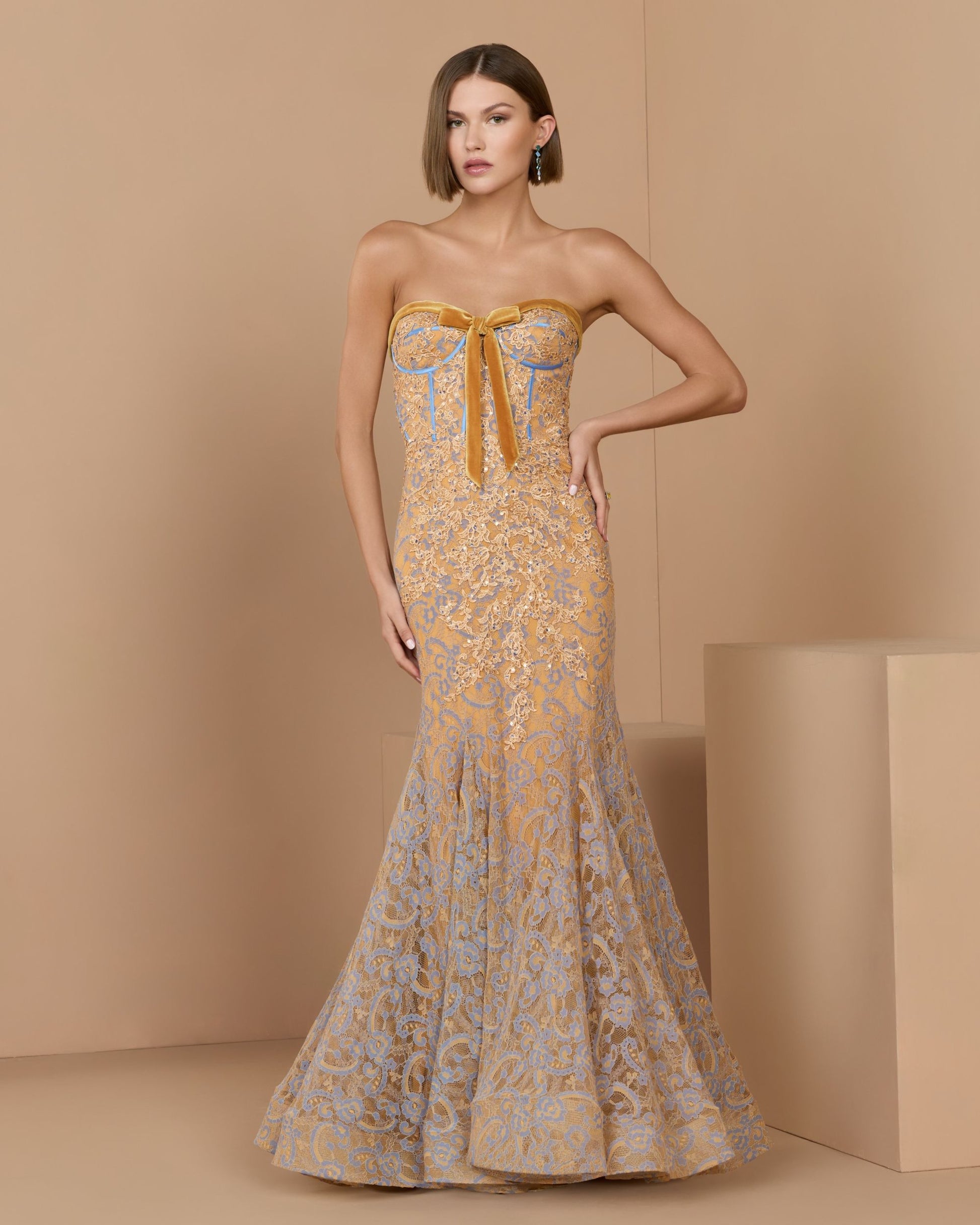 Orange Embroidered Lace Strapless Mermaid Gown - Mac Duggal