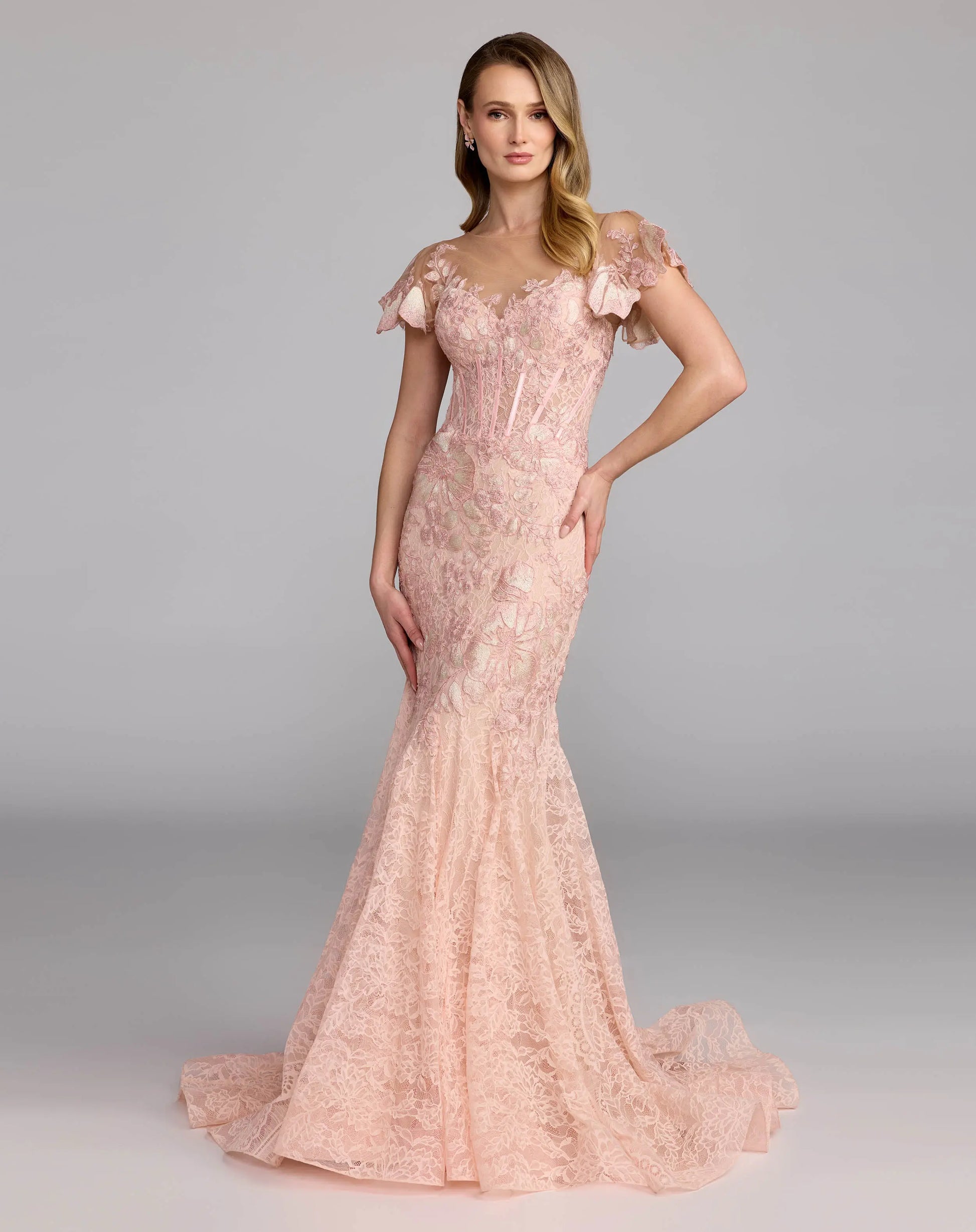 Pink Embroidered Lace Flutter Sleeve Mermaid Gown - Mac Duggal